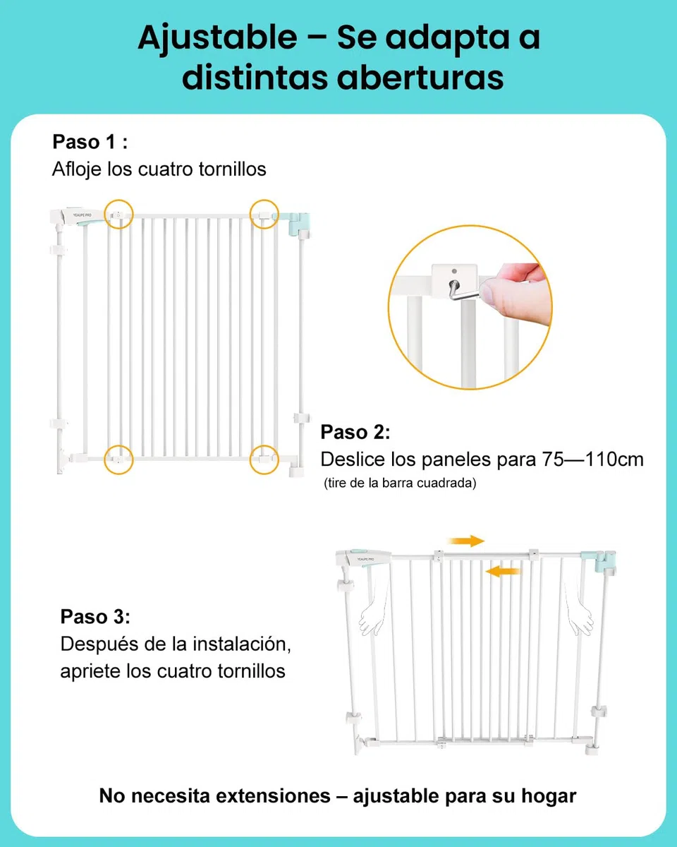 YEAUPE PRO Barrera de Seguridad Escalera Extensible de Metal, 75-110 CM, para Taladrar, Valla de Seguridad Infantil, Barrera de Escalera para Bebés y Niños Pequeños, Puerta de Seguridad, Blanco