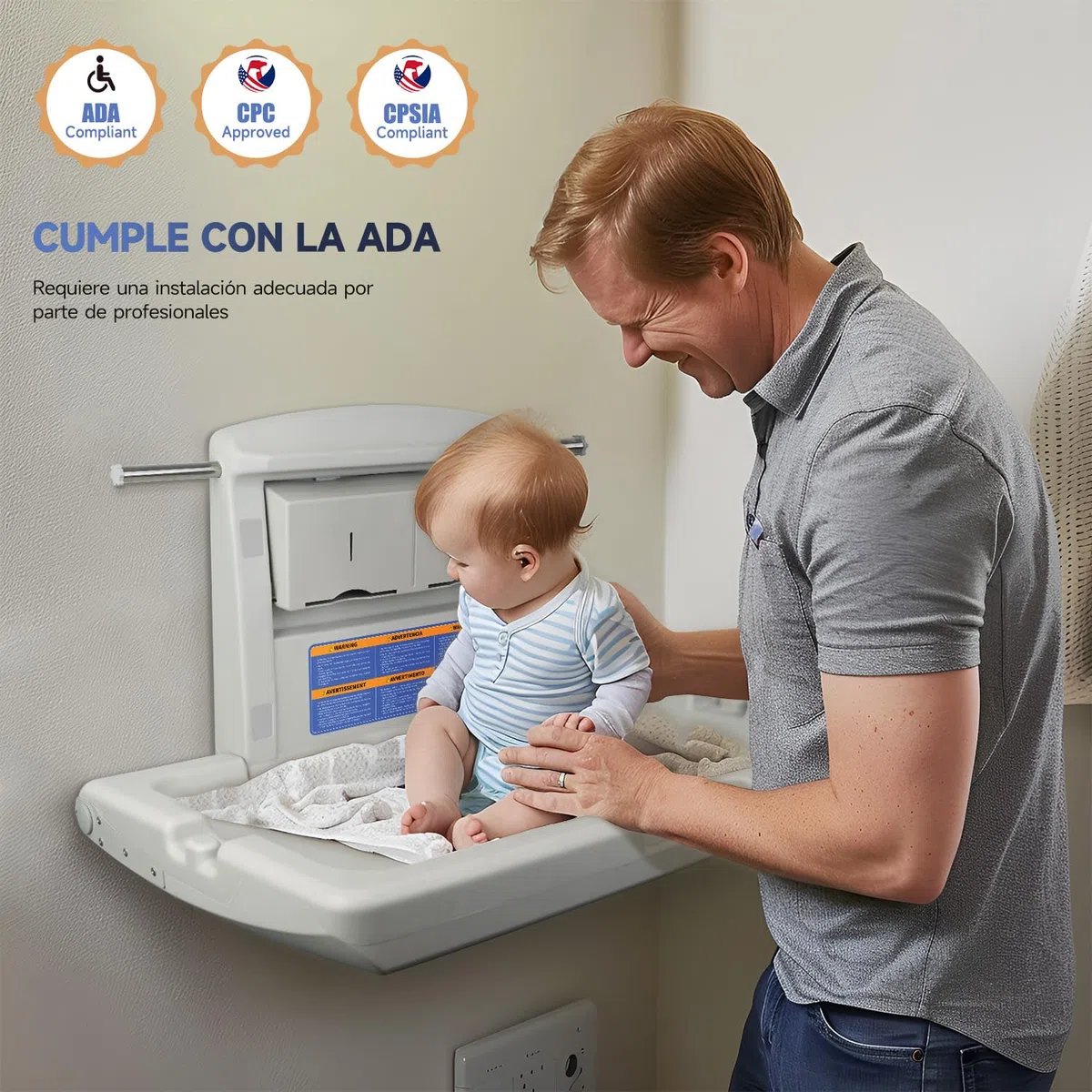 AIKE Unidad de Cambio para Bebé Comercial, Horizontal de Pared Plegable, Conforme a CPC, (Blanco Grisáceo)