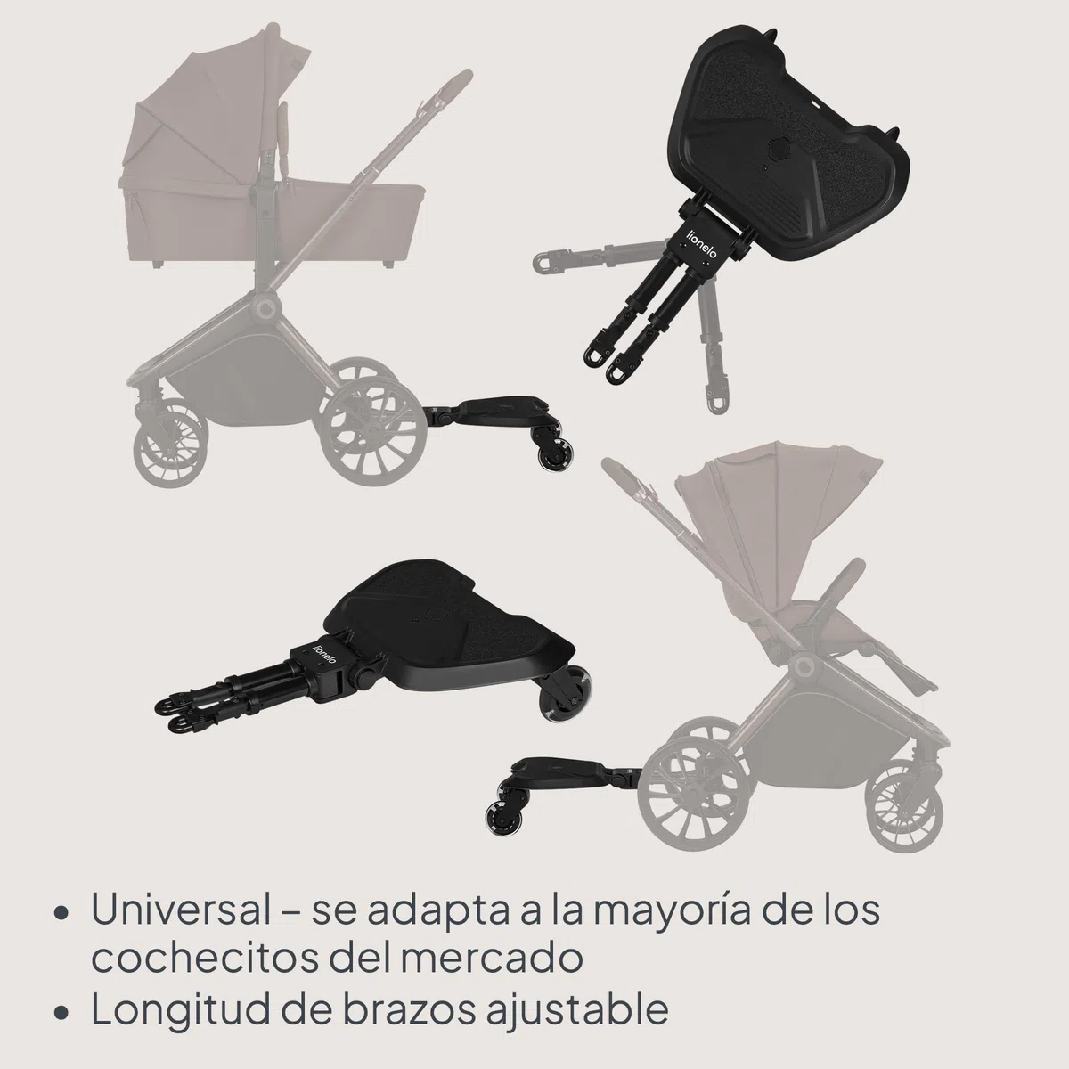 LIONELO Buggy Board Patín Carro Bebé Universal Asiento Desmontable, Reposapiés Universal, Niños de 2 a 5 años, Capacidad de 25 kg, Suspensión, Ruedas LED