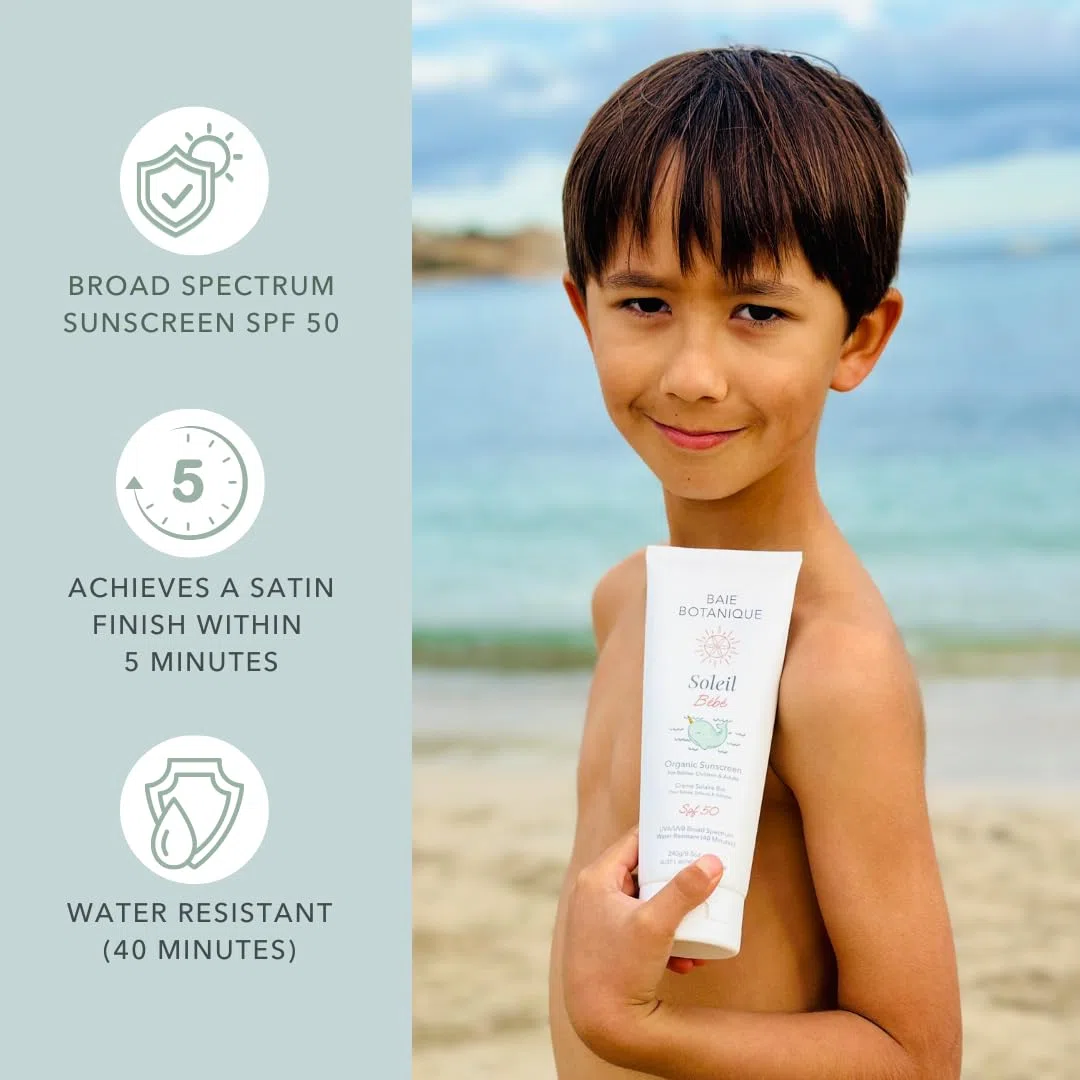 Baie Botanique Soleil Bébé Tube - Protección solar mineral biológica no tóxica para bebés y niños, SPF 50, girasol y jojoba, sin perfume, natural, vegano, sin huella blanca, arrecife