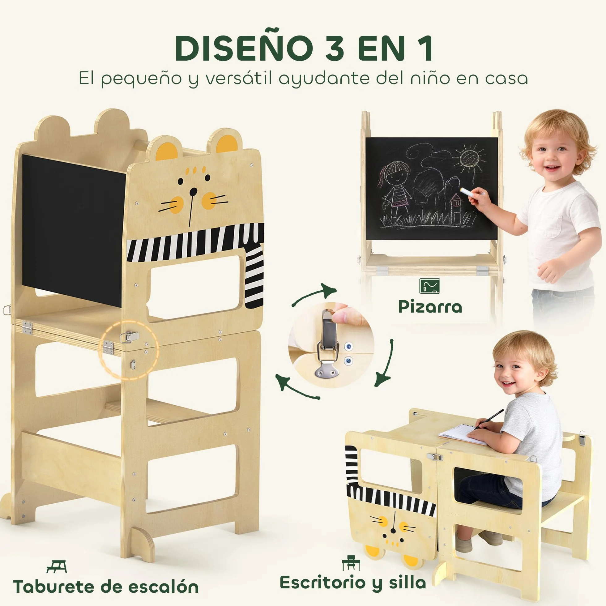 AIYAPLAY Torre de Aprendizaje 3 en 1 Plegable, Convertible en Escritorio y Silla, para Niños 2-5 Años, Natural