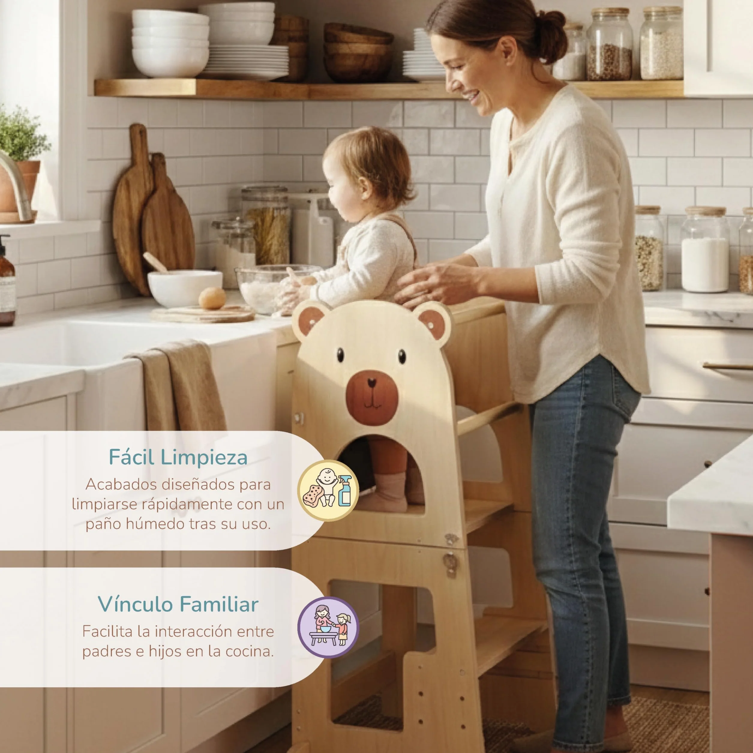 Buddy Baby Xperimenta Torre de Aprendizaje Madera Maciza Montessori Convertible Escritorio Infantil Taburete Cocina Plegable Barra Seguridad