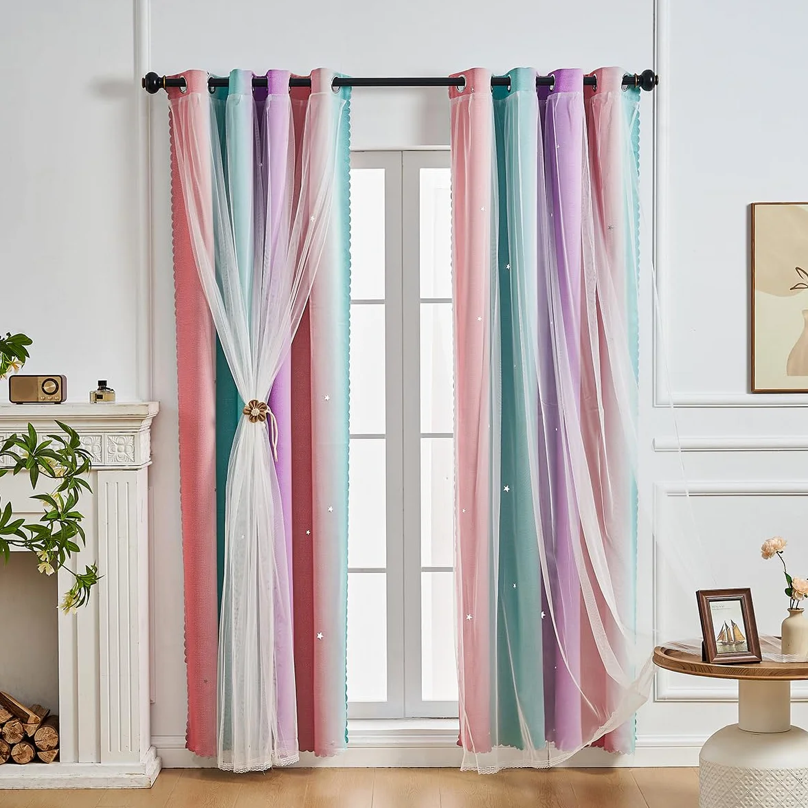 Cortinas Opacas Arcoíris para Dormitorio de Niñas, Rosa Morado Verde, 132x106 cm