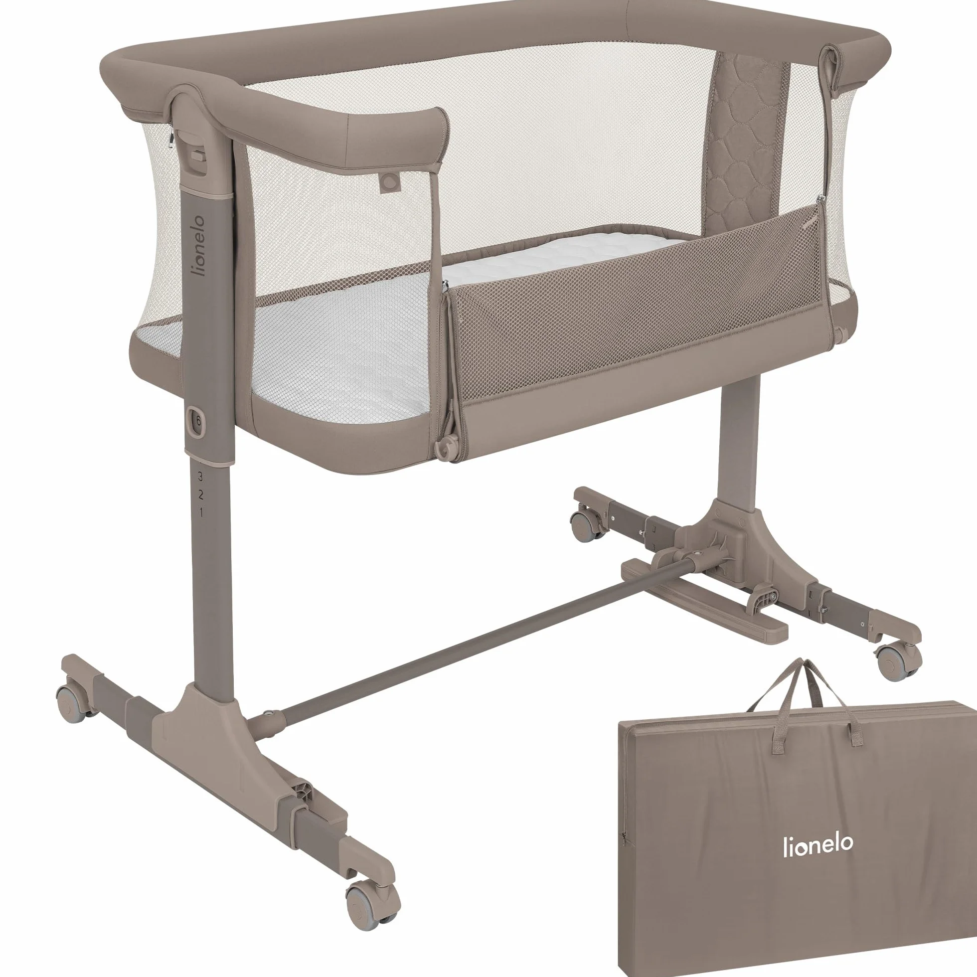 lionelo Pari Cuna 3 en 1 hasta 9 kg, Cuna de colecho, Cama Mecedora, Ajuste de Altura e inclinación del colchón, 4 Ruedas con Freno, Colchón Ergonómico, Malla Transpirable, Bolsa, Minicuna | Estructura de acero