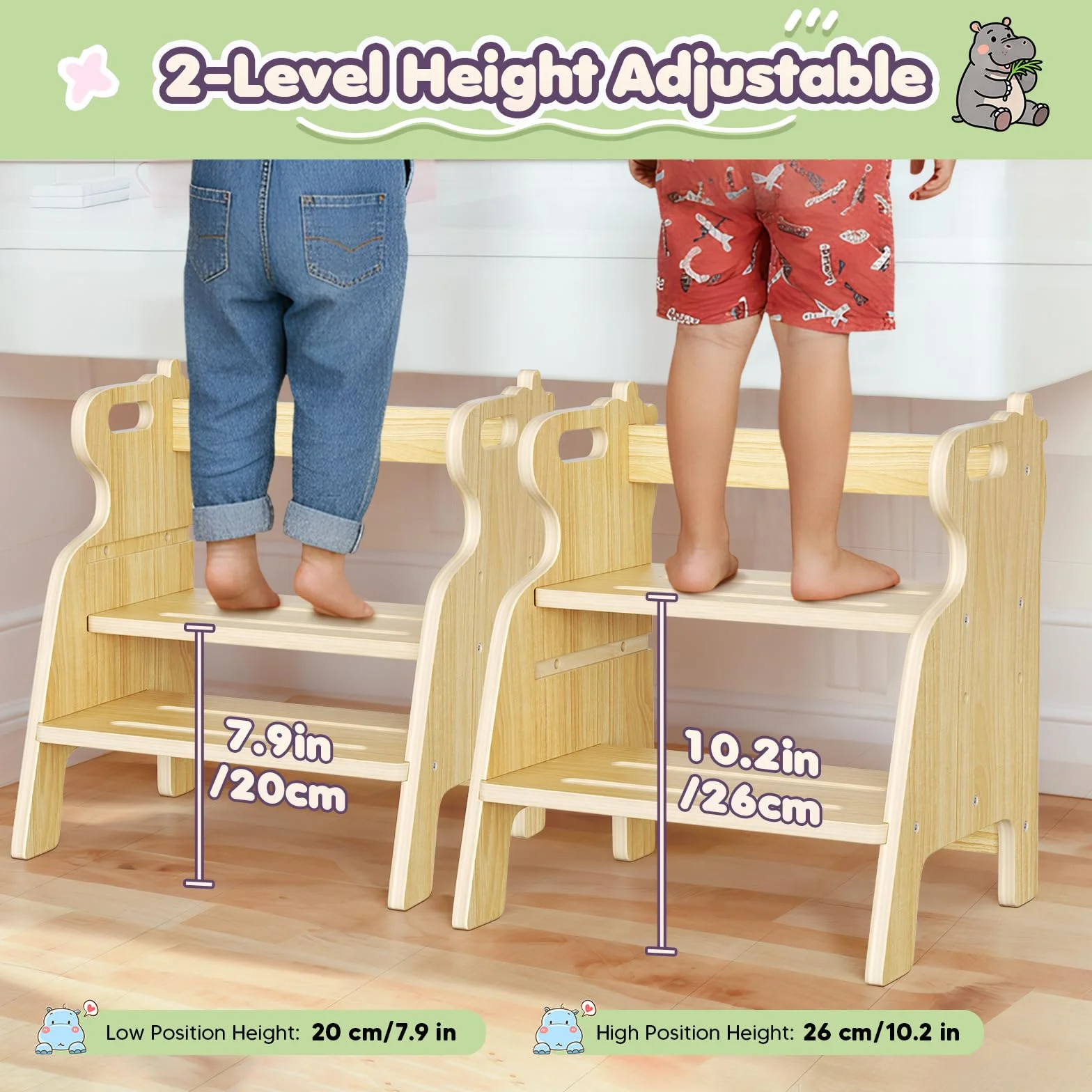 Taburete de Madera para Niños con 2 Escalones - Banqueta para Dormitorio, Baño, Cocina