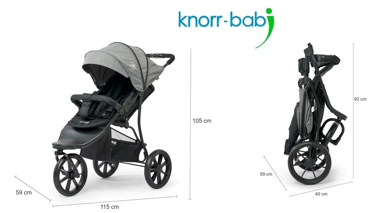 Carrito para niños de la marca Knorr-Baby, con tres ruedas y capota gris oscuro
