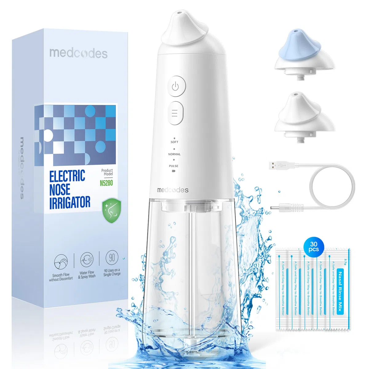 Máquina de Enjuague Sinusal Eléctrica Mejorada con 30 Paquetes de Sal, Sistema de Irrigación Nasal, Autolimpieza, Recolección Automática de Residuos para Alivio Rápido (Large A)
