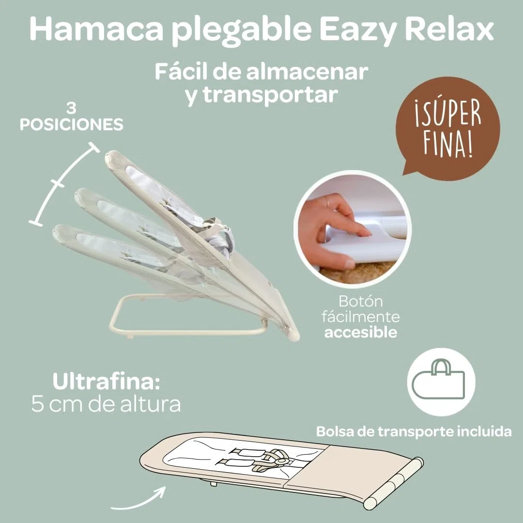 BÉABA, Hamaca Plegable, 3 Reclinables en 1 Botón, Ultra Compacta y Delgada, Arnés de 5 Puntos, Sistema de Plegado Patentado, 100% Algodón, Hasta 15kg, Funda de Transporte Incluida, Eazy Relax - Gris