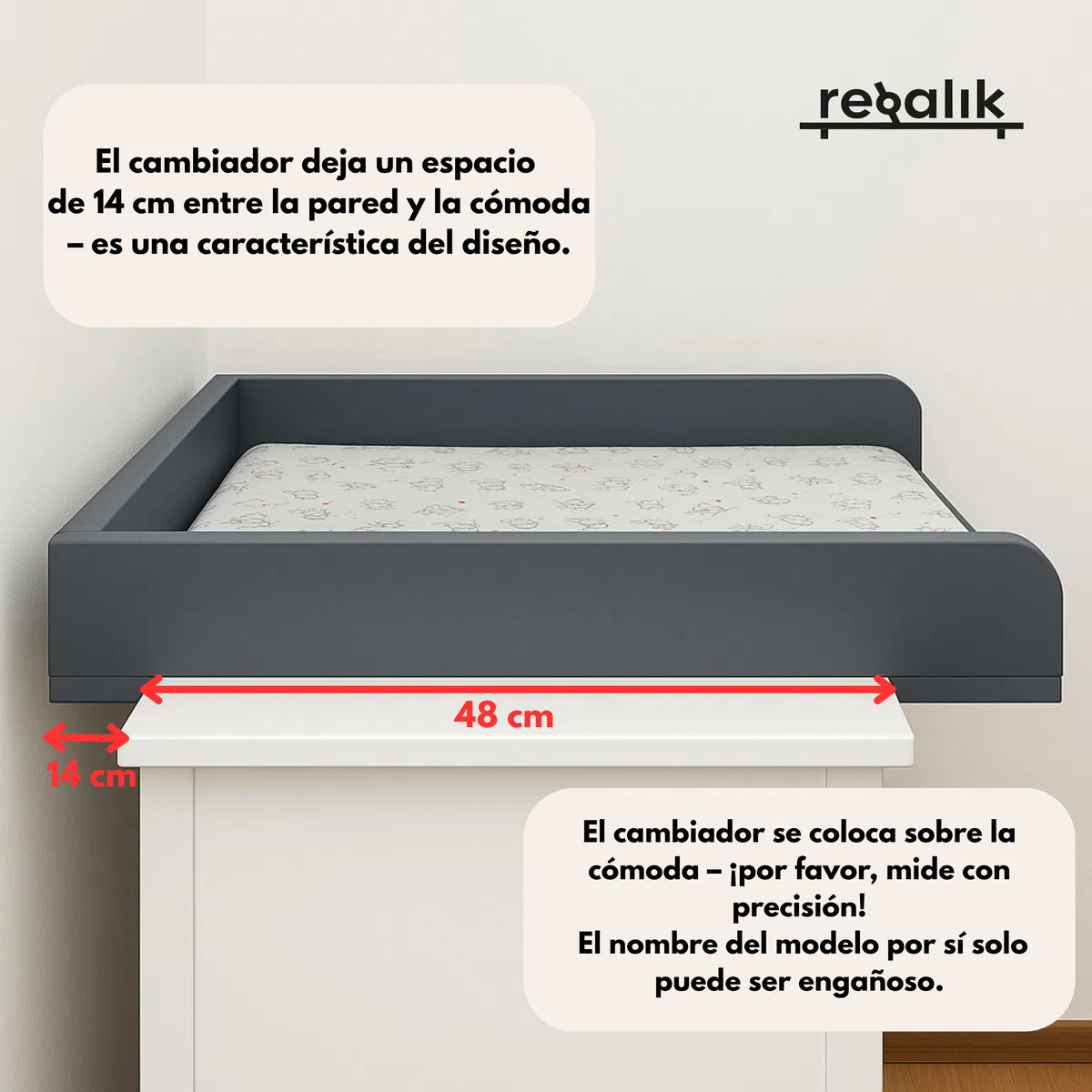 Cambiador para Malm de IKEA, cambiador para cómoda de 48 cm, extraíble, paneles frontales redondeados, color blanco, 72 cm x 54 cm