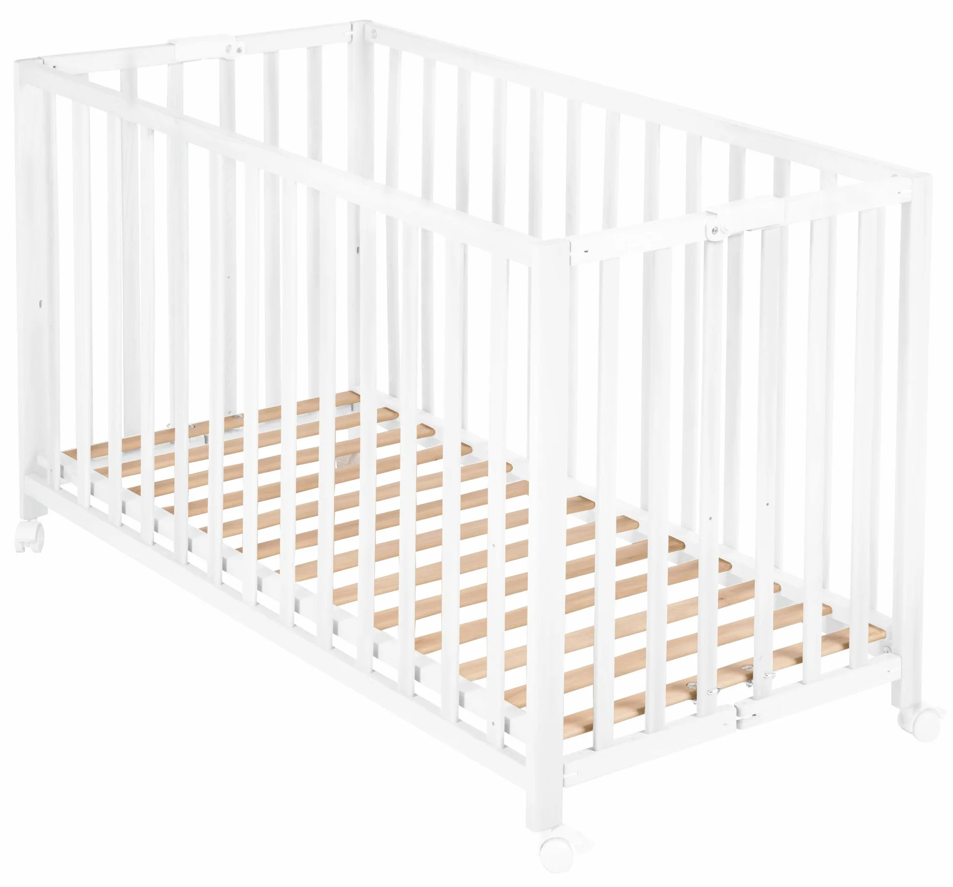 roba Baumann Cuna roba plegable 'Fold Up', cuna de 60x120 cm, cuna de madera blanca, cuna ajustable en altura a 3 posiciones, ahorra espacio y esta provista de ruedas con frenos