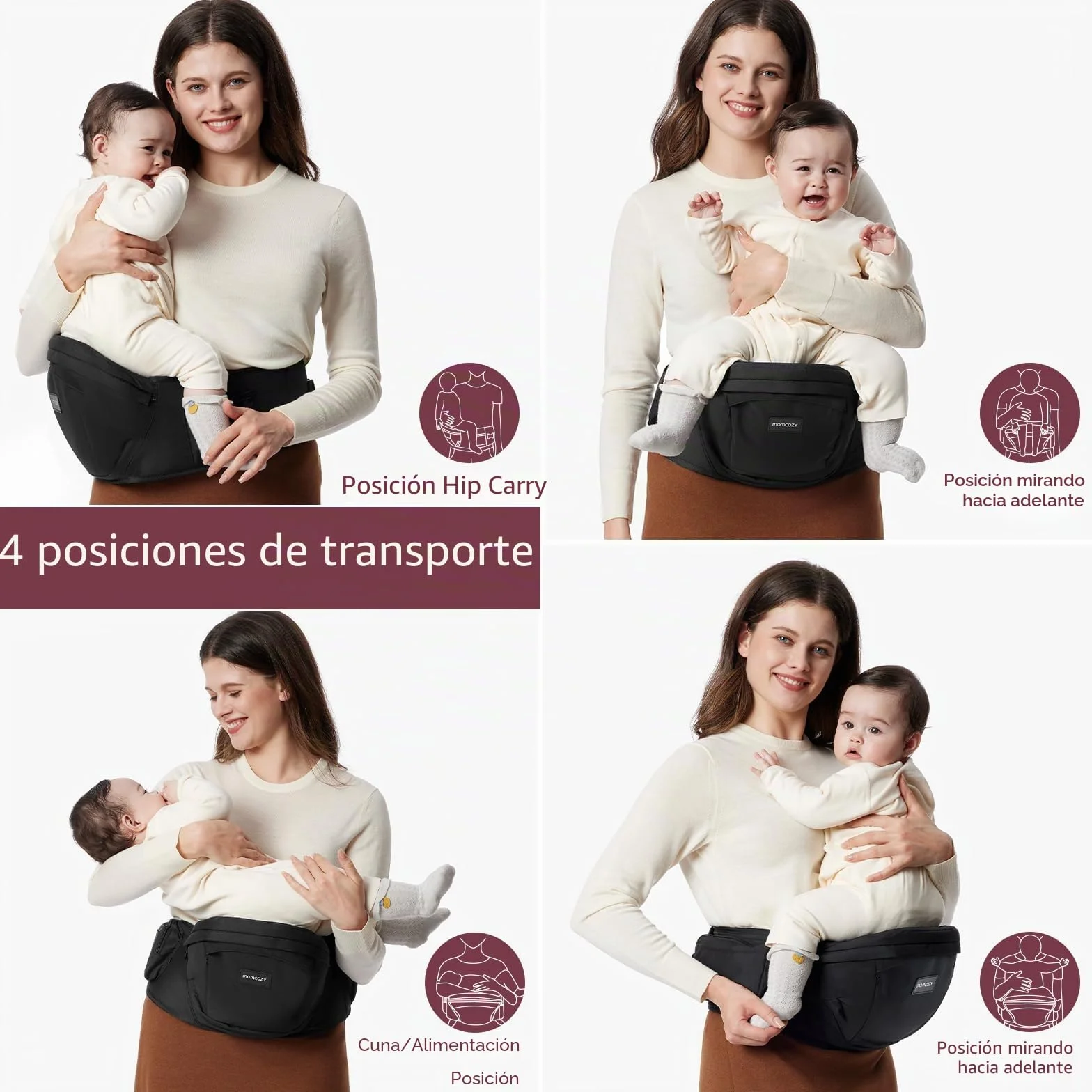 Portabebés Momcozy Ergonómico Ajustable con Protector de Vientre 3D Original para Recién Nacidos hasta 45lbs Negro Mediano