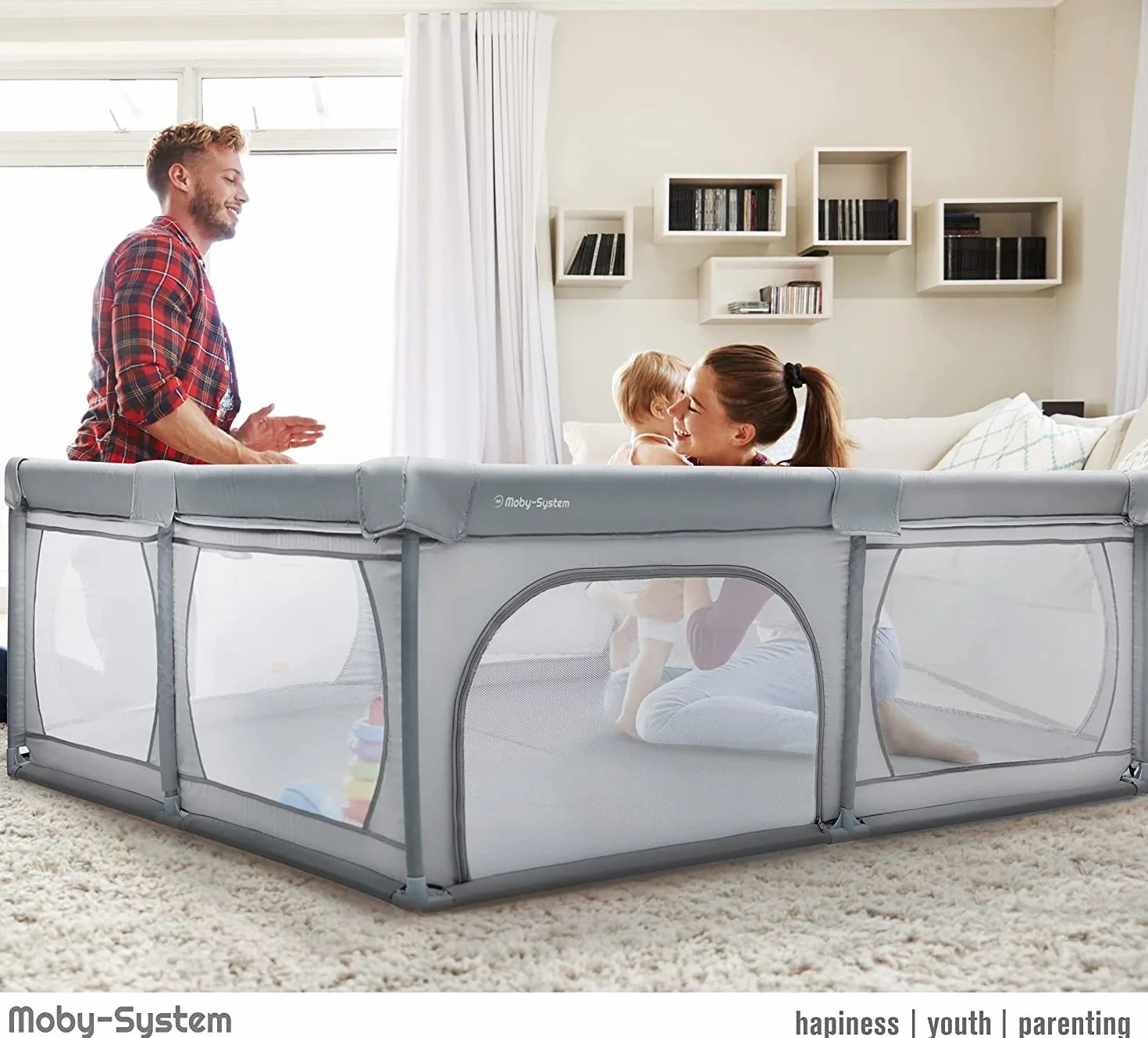Moby-System Parque Infantil Bebé Plegable - Centro de Actividades con Base Antideslizante 200x140cm - Corralito Impermeable con Ventanas y Cremallera, Incluye Bolsa de Transporte - Gris
