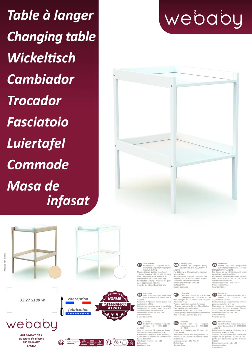 WEBABY - Cambiador madera con 1 estante Haya bruto