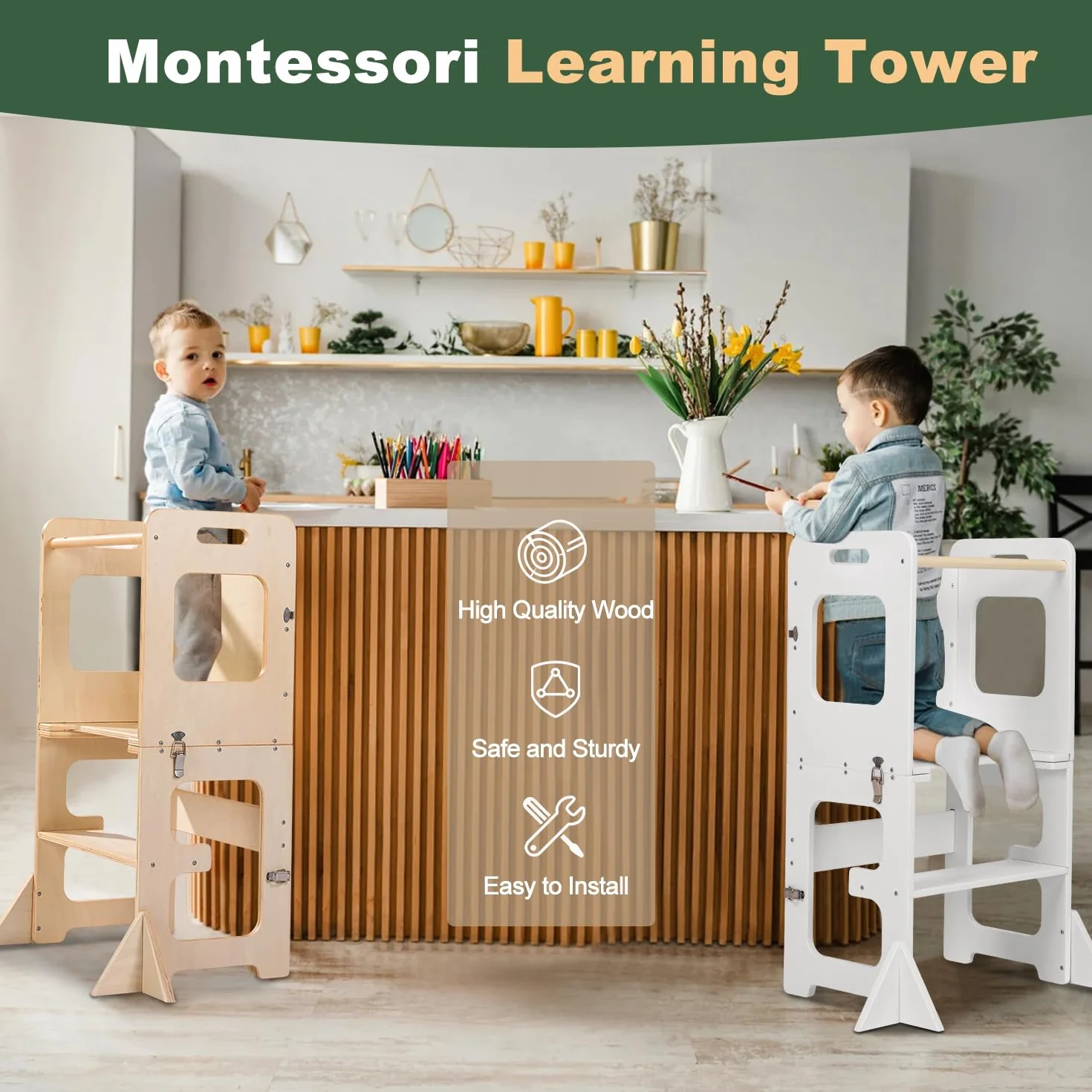 Labebe Torre de Aprendizaje Montessori 3 en 1 Plegable Madera con Pizarra Negra Escritorio Infantil Blanco