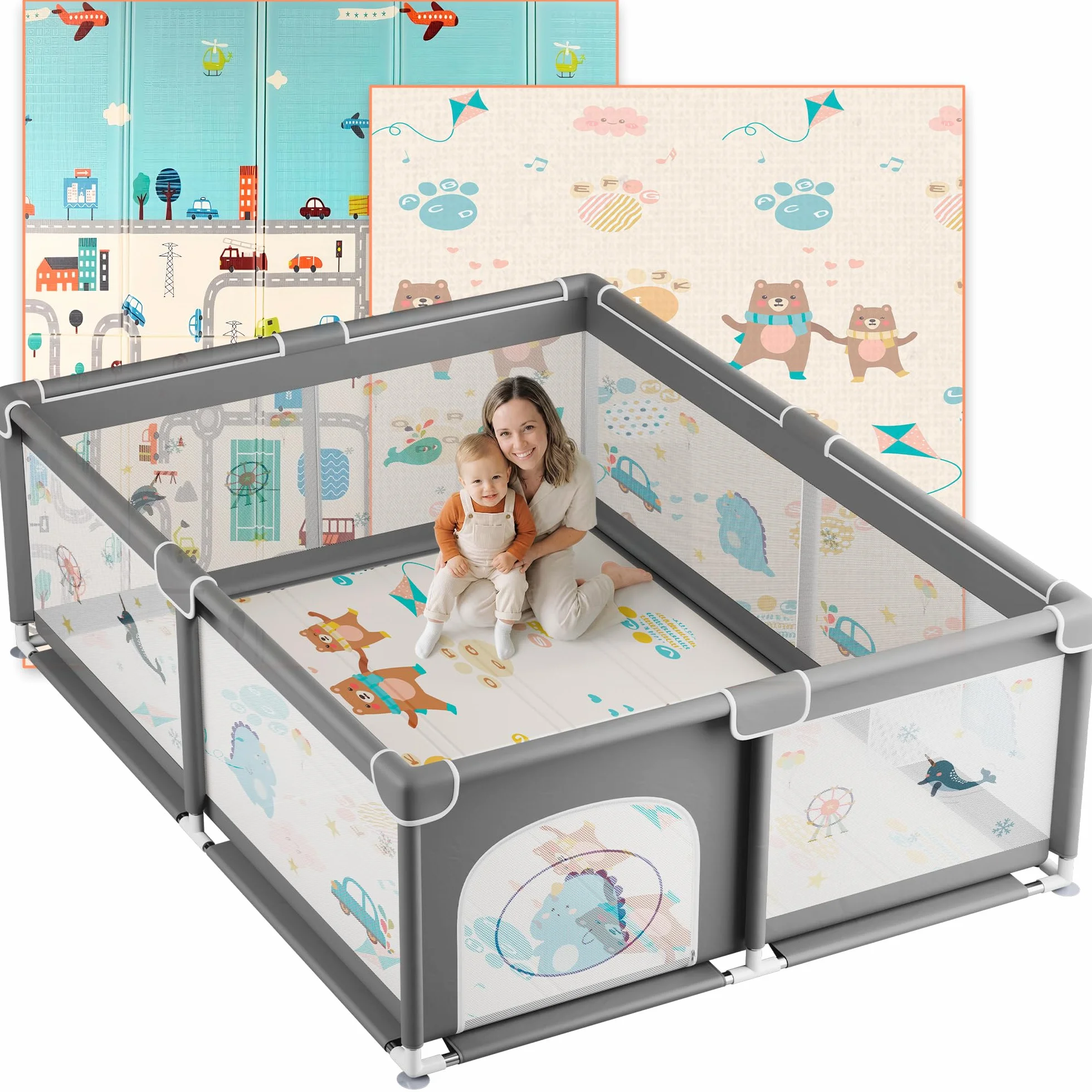 JUPPLIES Parque Infantil Bebe 150x180cm + Alfombra Bebe – Corralito Bebe con Malla Transpirable – Parque de Juegos Bebe Plegable con Puerta Lateral – Playpen Bebe - Gris