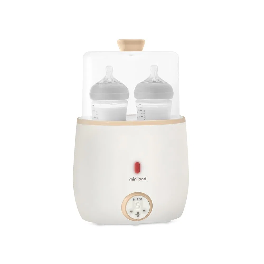 Miniland - Warmy Twin Calienta Biberones y Esterilizador, Calentador Rápido de Alimentos para Bebés 2-en-1, Calentador con Pantalla Digital Control Preciso Temperatura para Leche Materna (Beige)