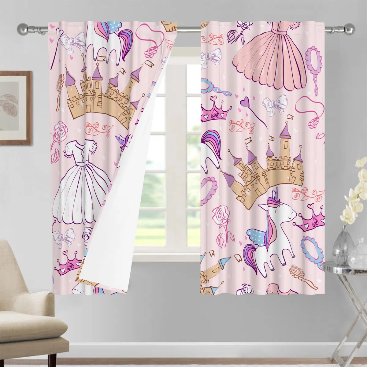 Cortinas para niños de 117x138cm 2 Paneles, diseño de Castillo Rosa Coronas Flores Lazos Dibujos Animados para Dormitorio de niñas, guardería, decoración de Ventanas