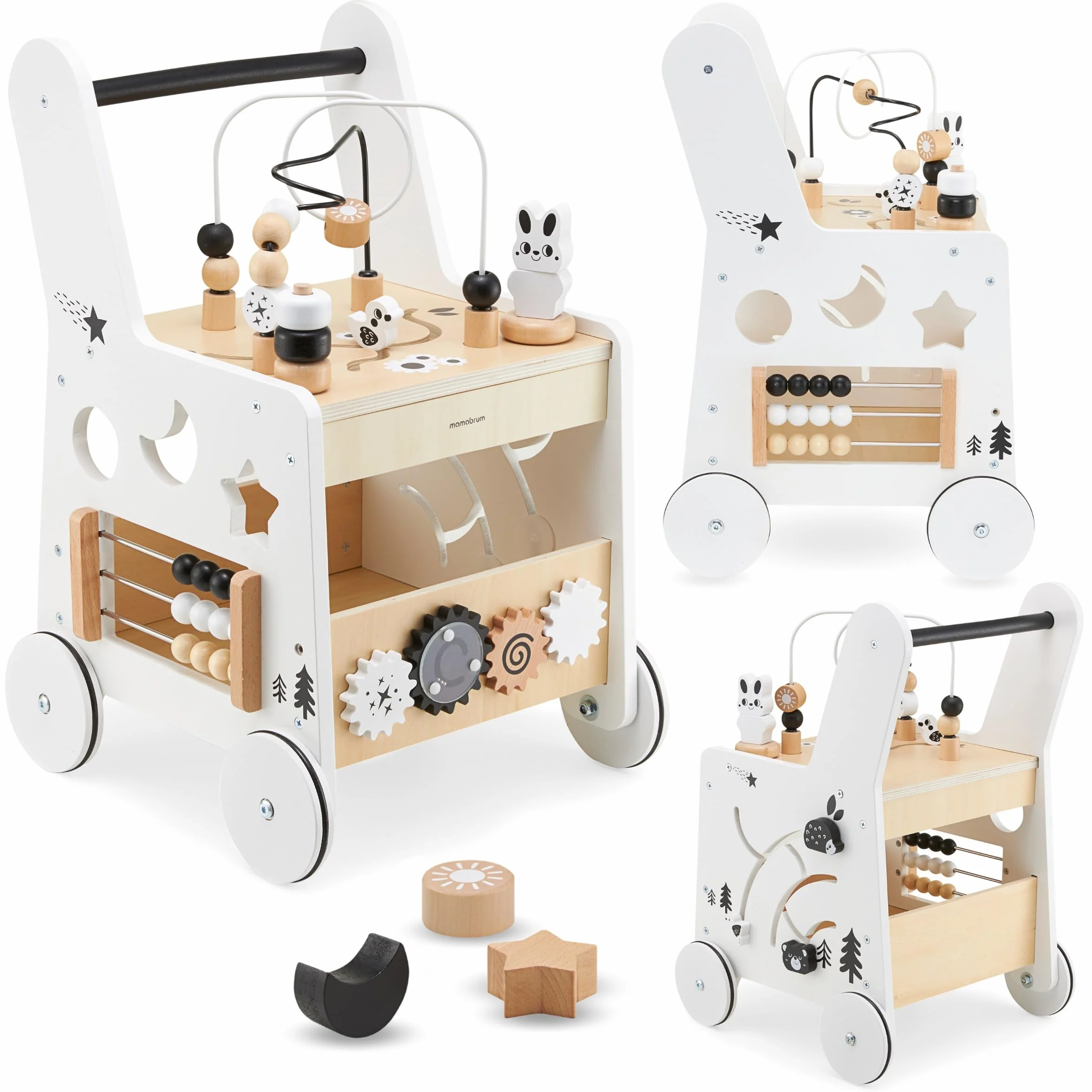 Mamabrum Caminadora y Andador Bebé 6 en 1 - Mesa Educativa de Madera con Ábaco, Engranajes y Juegos - Centro de Actividades para Primeros Pasos - 31 x 28 x 49 cm