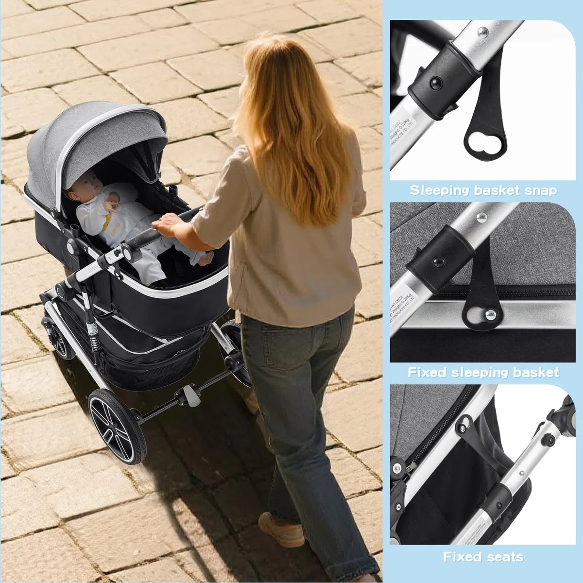 Cochecito Bebe 3 Piezas,el Chasis Delsilla de Paseo Ligera es de Aluminio, con clips para cestas de dormir,Silla de Paseo Reversible, Cubierta Para la Lluvia,Mosquitera, 0-48 Meses,22kg,Negro