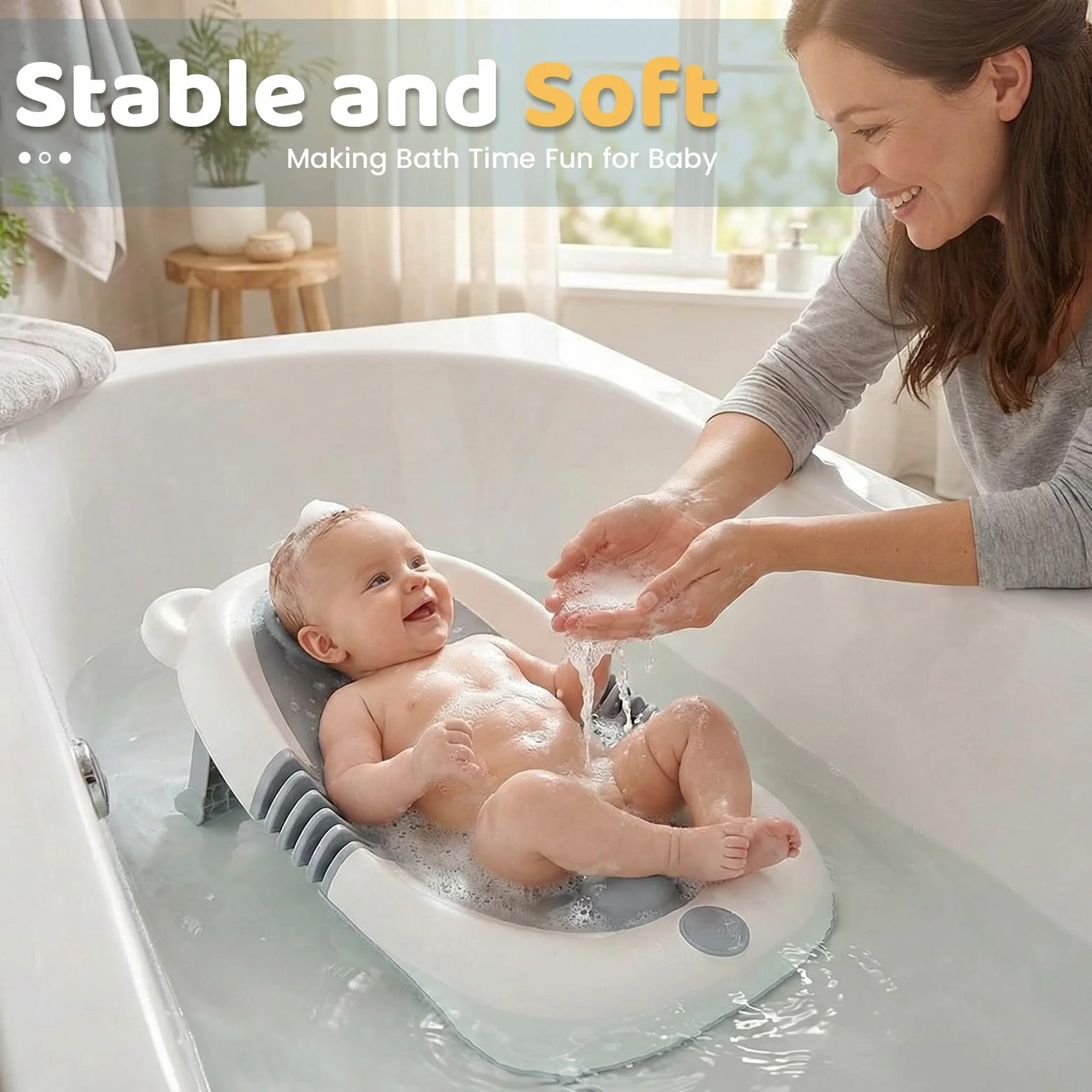 Orzbow Plegable Soporte Bañera Bebe, Estable Soporte Baño Bebe con Estructura Triangular, Base Antideslizante con Ventosas, Tacto Suave, Adecuado para Recién Nacidos, Portátil, Gris