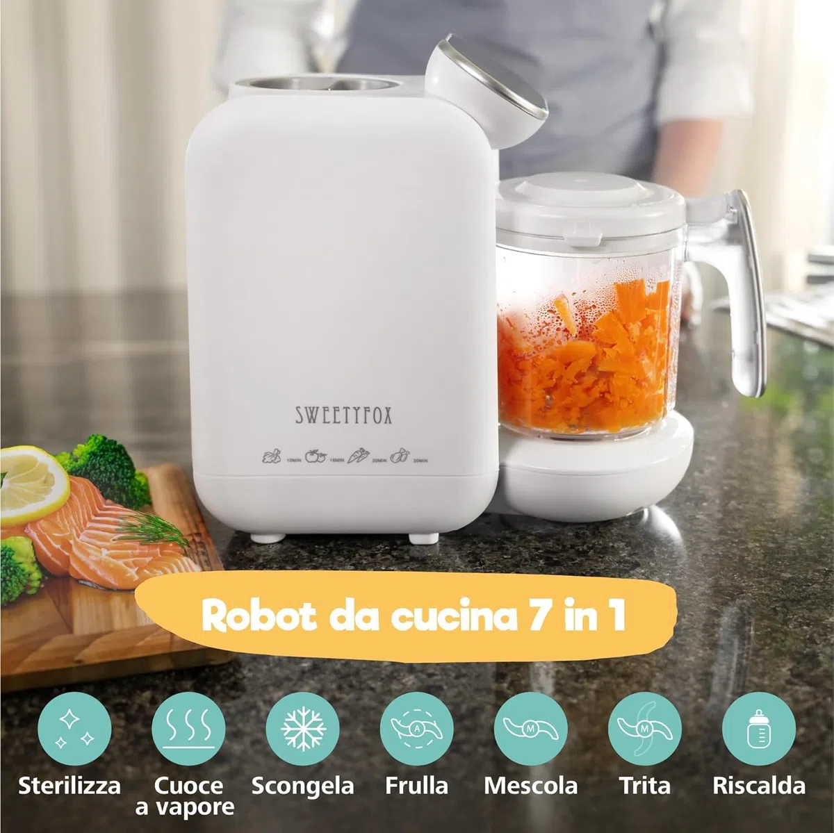 Sweety Fox Babycook - Robot Cocina Bebe - 7 Funciones - Vapor, Mezclador, Pulso, Autolimpieza, Esteriliza, Calienta, Descongela - Procesador de Alimentos Bebe