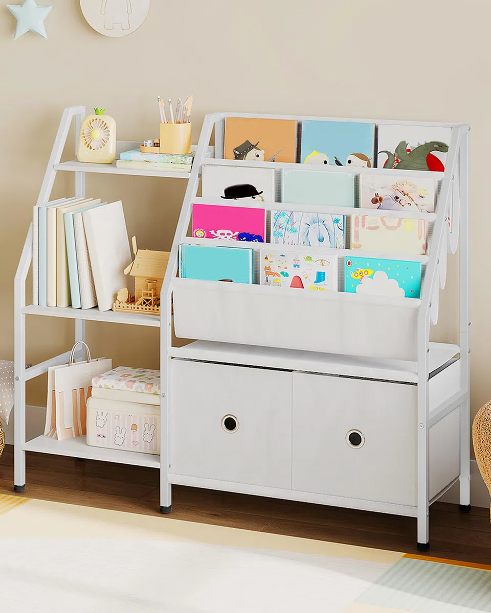 CHOEZON Estantería para niños de 39.4 pulgadas, estantería de 4 niveles para habitación de los niños, estante de libros para niños con estante de almacenamiento de juguetes de 3 niveles y 2 cajones