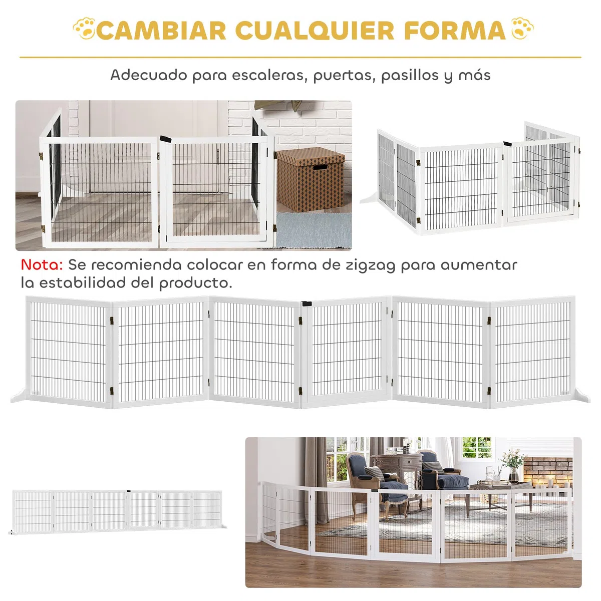 PawHut Barrera de Seguridad para Perros de Madera Plegable, para Escaleras y Puertas, Valla para Perros Pequeños y Medianos de 6 Paneles, con Soporte de Pie, para Interiores, 432x36x70 cm, Blanco