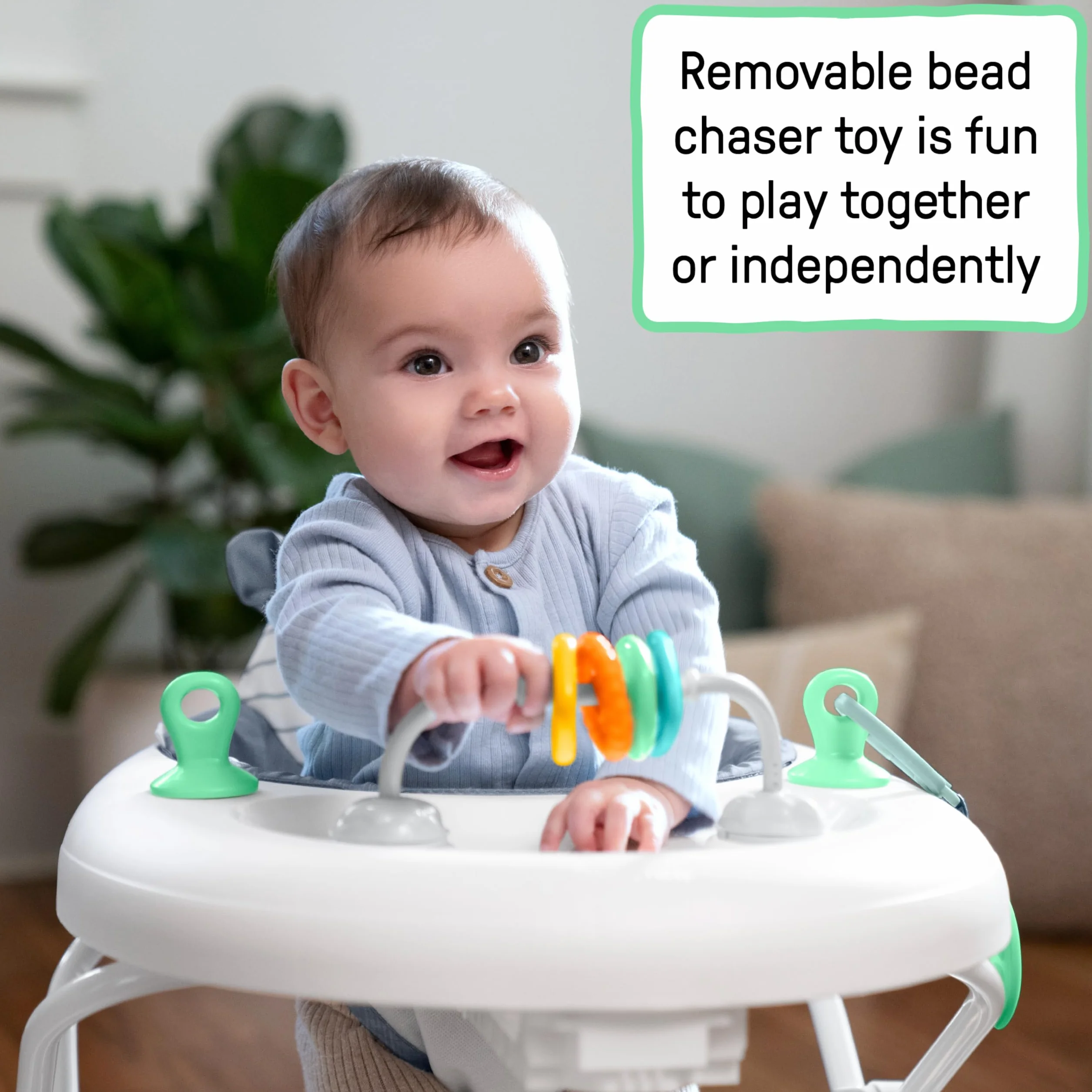 Ingenuity, Andador Interactivo Smooth Strides, Chambray, Promueve el Desarrollo con Barra de Altura Ajustable en 3 Posiciones, Juguetes Incluidos, Diseño Compacto y Seguro, Para Bebés de 6 a 12 Meses