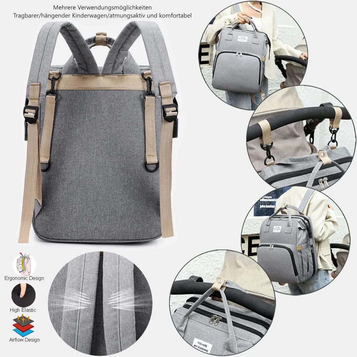 Mochila para Pañales Plegable,Bolsa de Cambio de Pañales Portátil,mochila para bolsa de bebé,Bolsa de Pañales Convertible,Gran Capacidad, Impermeable,para Bebépara cochecito (Gris)