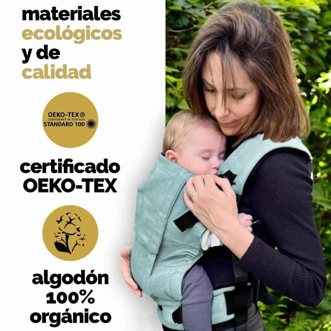 Mochila Porteo Bebe Evolutiva y Ergonomica Portabebes Recien Nacido Algodon Organico Transpirable Mint Liso
