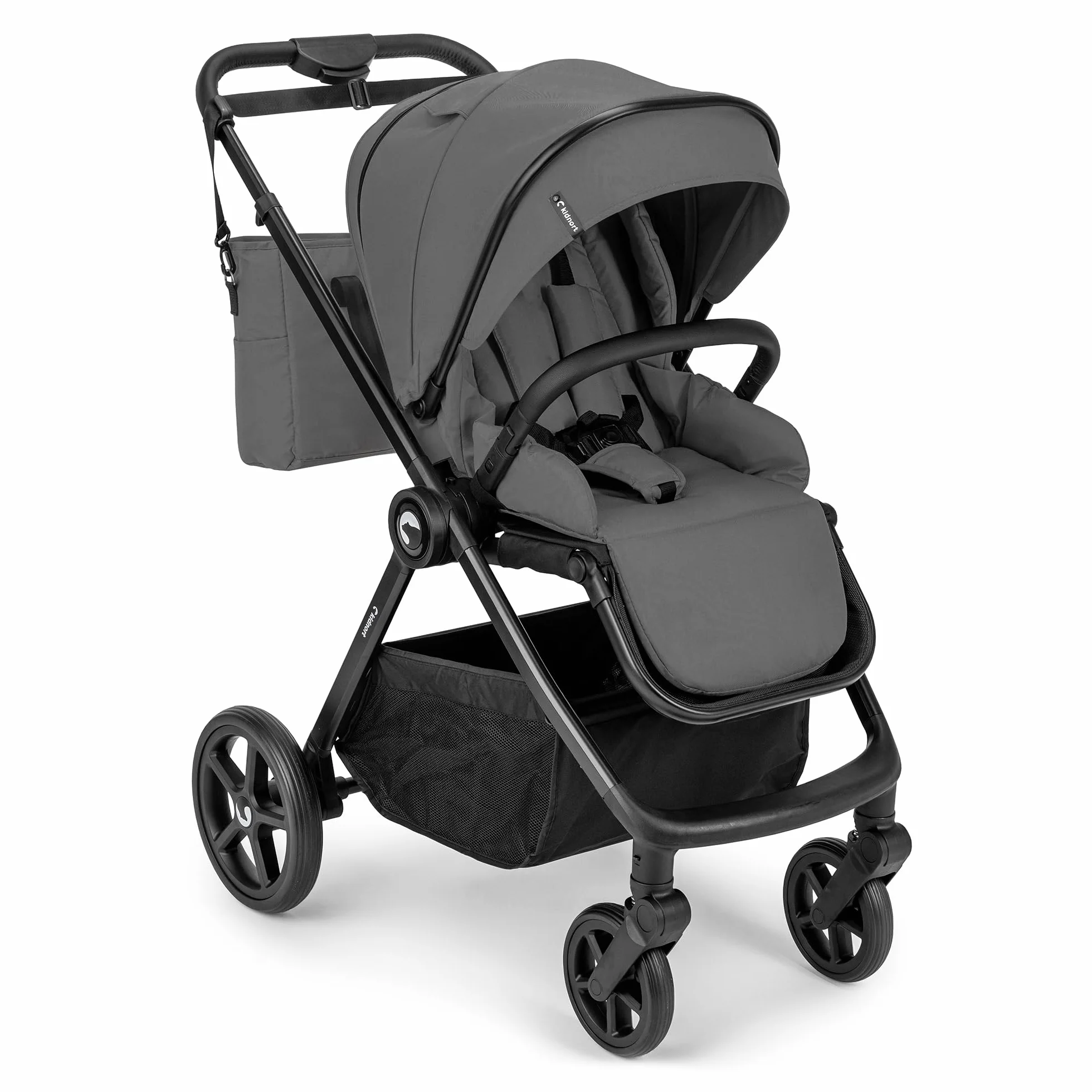 Älskar - Cochecito de bebé reversible, plegable, compacto, hasta 22 kg, respaldo ajustable, techo con protección UV, cinturón de 5 puntos, cubierta para lluvia, mosquitera, bolsa gris oscuro