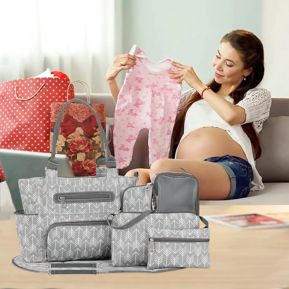 SONARIN Set de 7 Bolsa de Pañales para Bebés,Bolso Cambiador de Pañales Multifunción Bolsa Mamá Bolsa de Hombro Bolsa de Viaje para Pañales con Cambiador y Ganchos Carrito Bebé