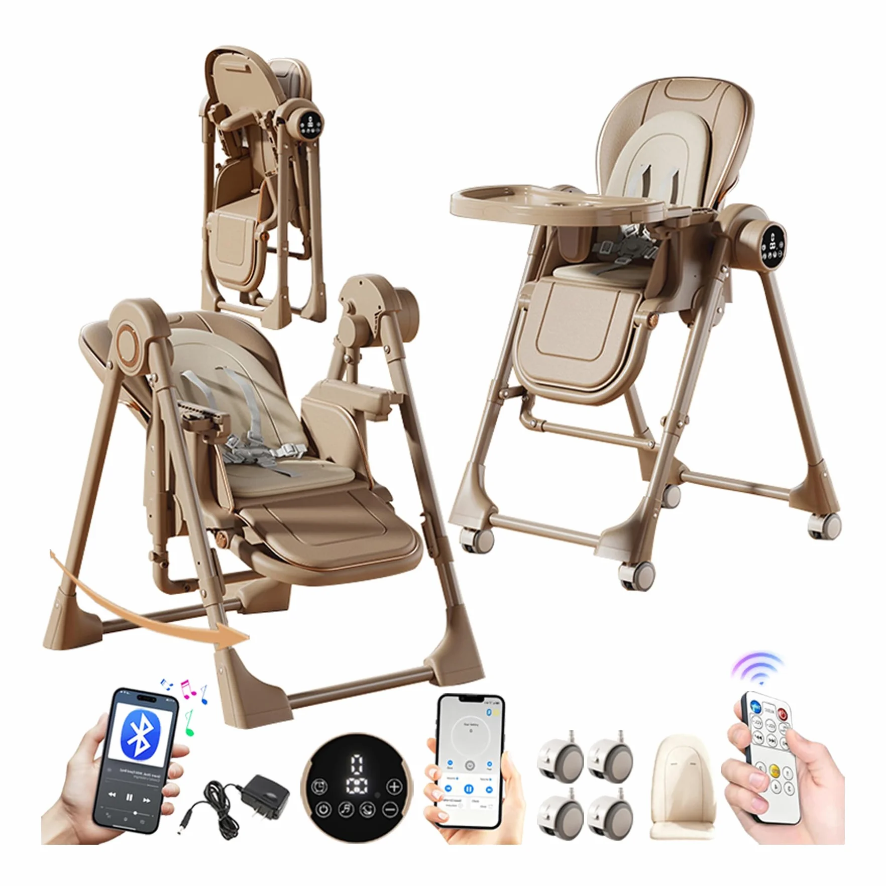 MoLi Eléctrico Bluetooth Inteligente Cuero PU Trona Bebe, Tronas con Función de Balanceo, Regulable Tronas Plegable, Trona Bebe Bandeja Extraíble de Doble Capa (E8121 Khaki)