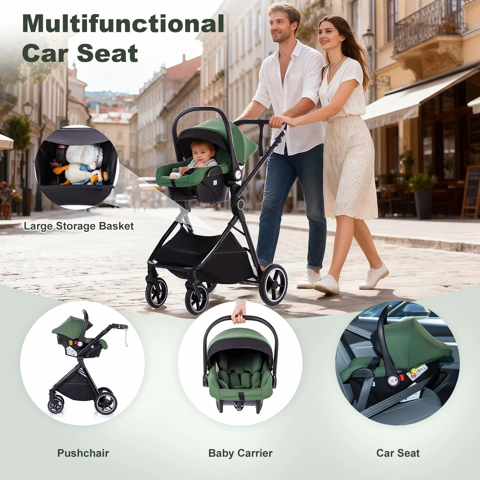 Cochecito 3 en 1 con Silla de Coche, Carrito bebé Plegable, Manillar 7 Alturas, Suspensión 4 Ruedas, Funda de Lluvia y Mosquitera, Sistema de Viaje para Recién Nacidos 0-3 Años (15kg)