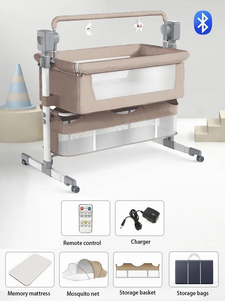 Eléctrico Bluetooth Inteligente Cuna Colecho Bebe, Minicuna Colecho Bebe Plegable Convertible, Cuna Next to me con Colchon, Música, 5 Engranajes de Balanceo y Control Remoto (601 Beige)