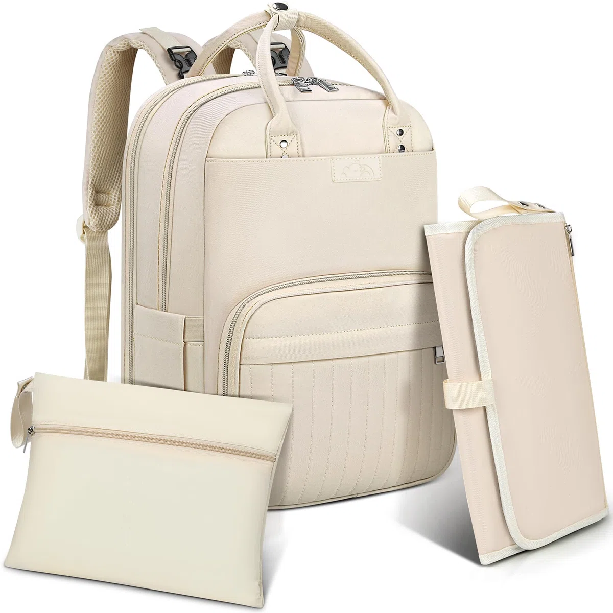 RAINSMORE Mochila Bebe Mochila Carro Bebe Pañaleras para Bebes Multifuncional Mochila Maternidad con Cambiador Bebe Plegable y Correas de Cochecito Beige