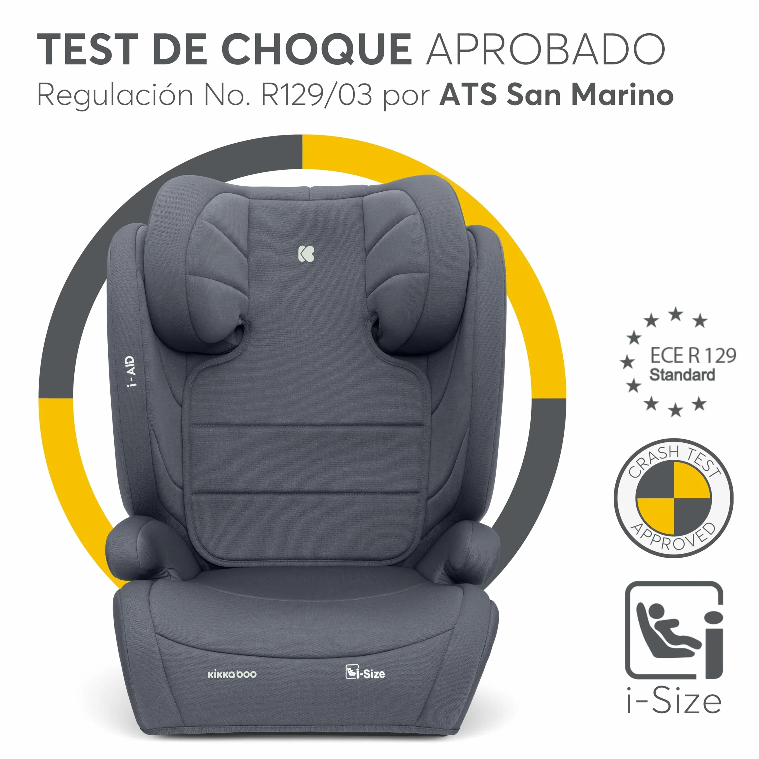 KikkaBoo Silla Coche Grupo 3 (15-36 kg, 100-150 cm) i-AID, Silla Para Niño sin ISOFIX, i-Size, De 3,5 a 12 Años, 13 Posiciones Reposacabezas, Gris