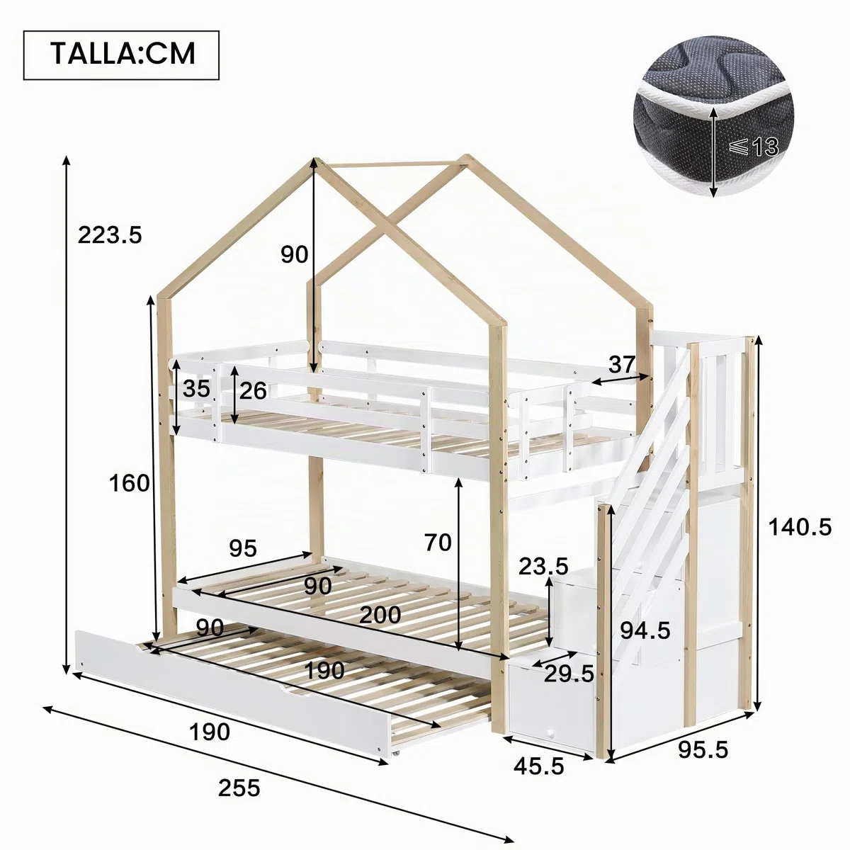 Moimhear litera con casa del árbol extensible, cama corrediza, escalera con 4 cajones, cama infantil con protección contra caídas y reja de cama infantil, con somier, Natural+Blanco (90x200cm