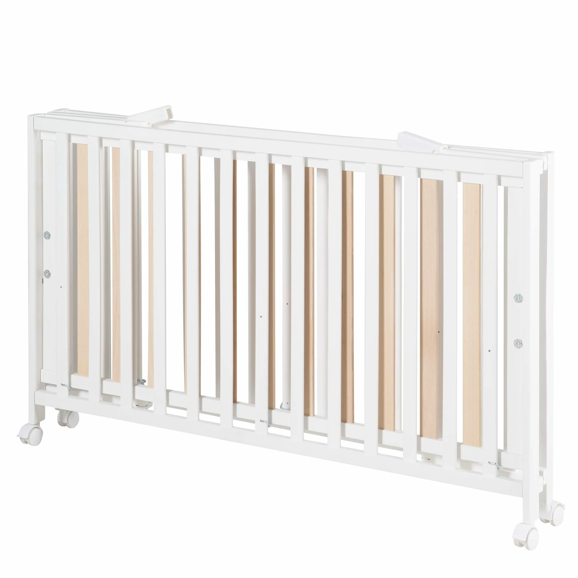 roba Baumann Cuna roba plegable 'Fold Up', cuna de 60x120 cm, cuna de madera blanca, cuna ajustable en altura a 3 posiciones, ahorra espacio y esta provista de ruedas con frenos