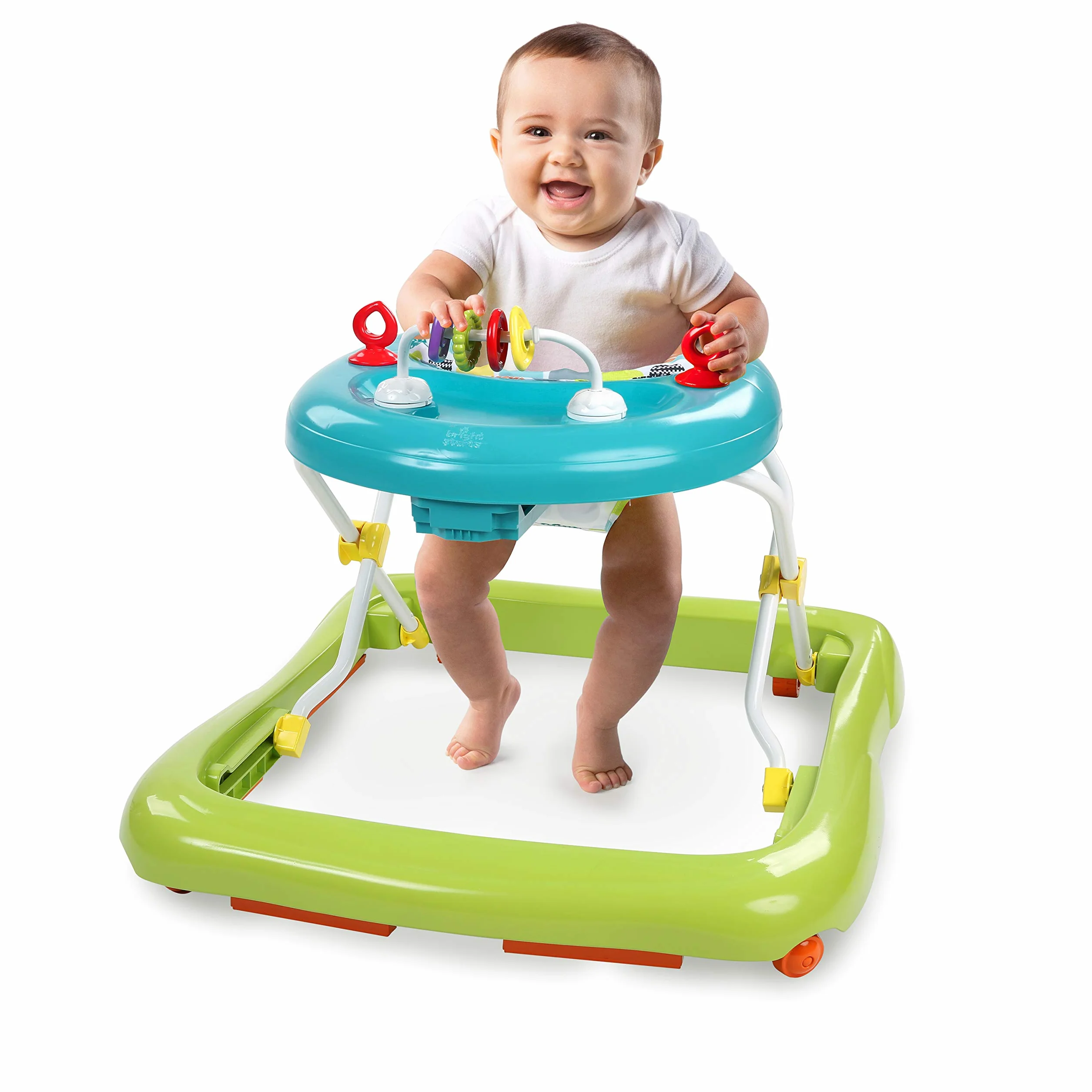 Bright Starts, Andador Primeros Pasos Plegable para Bebés Giggling Safari, juguete de ábaco divertido y colorido, altura ajustable, asiento extraíble, lavable a máquina, a partir de 6 meses