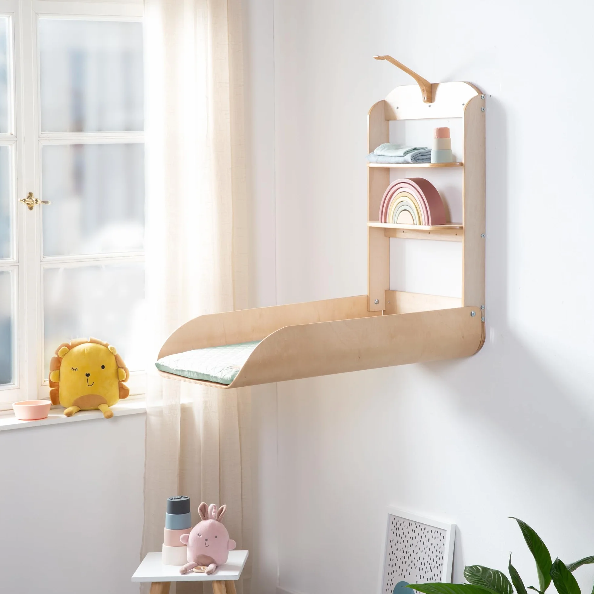 roba Cambiador Plegable de Pared en Madera Natural + Colchón Impermeable Style Verde Escarcha - 2 Estantes Prácticos - Diseño Curvado y Minimalista