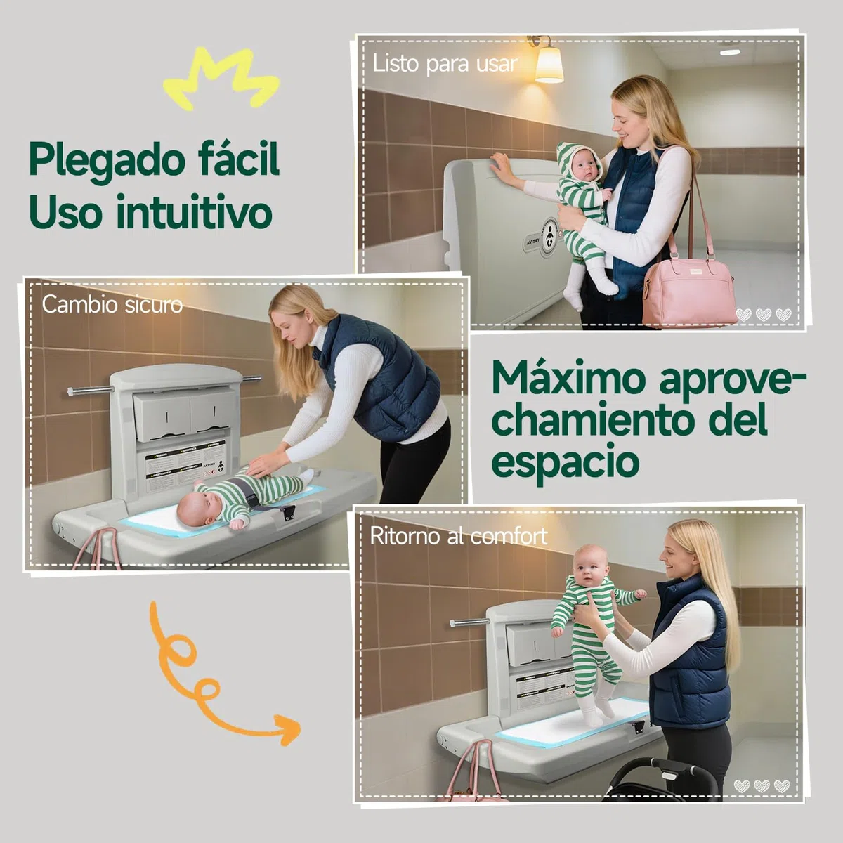 anydry Estación para cambio de bebés de pared resistente, Diseño robusto con correas de seguridad, Plegable ahorrador de espacio, en elegante blanco grisáceo