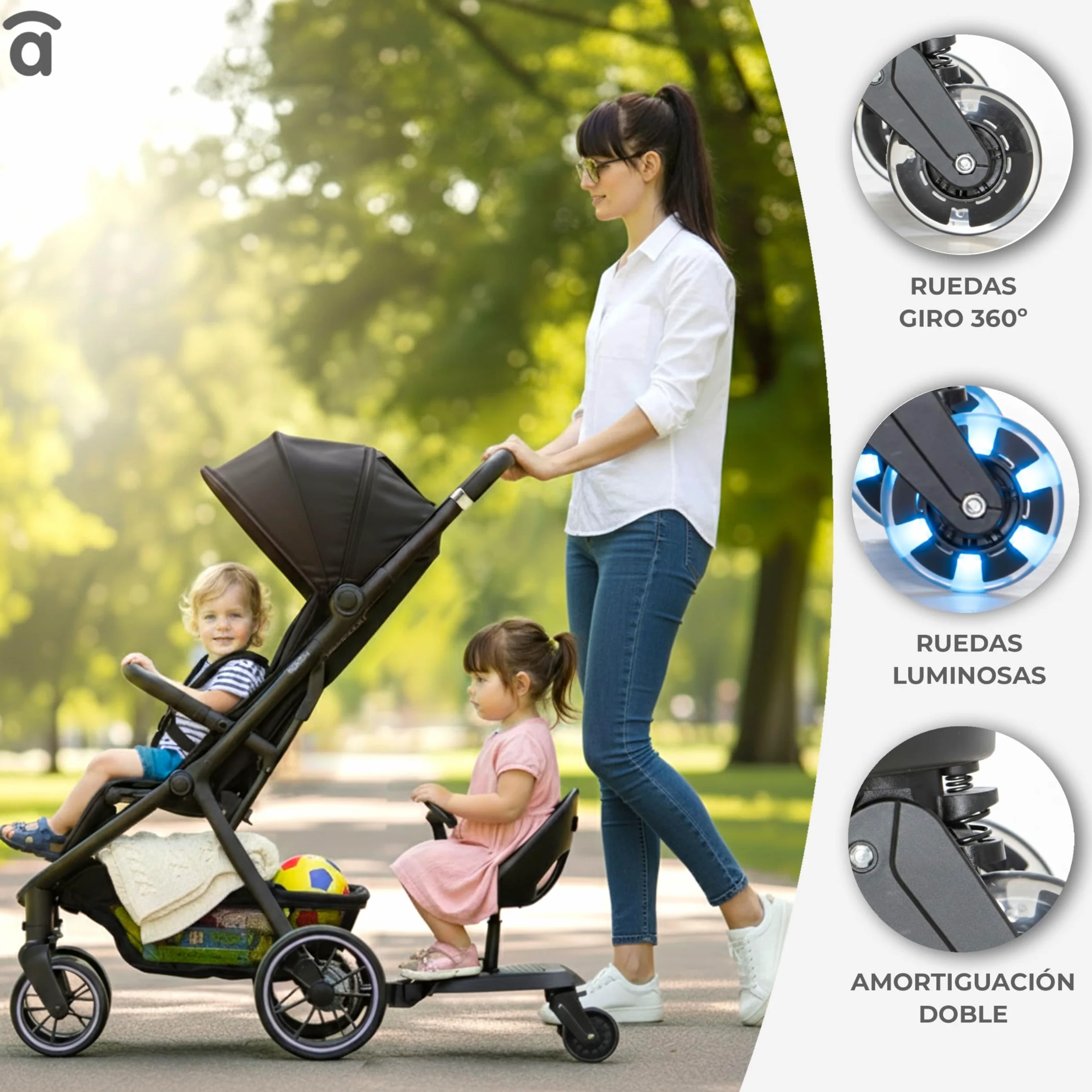 Asalvo GO SEAT 2 IN 1 Patinete 2 en 1 para silla de paseo Go Seat, Universal, Patin Carro Para Bebe Apto para el 99% de todos los cochecitos, Tabla para Cochecito, Niños de 2 a 5 Años 20 kg, Negro