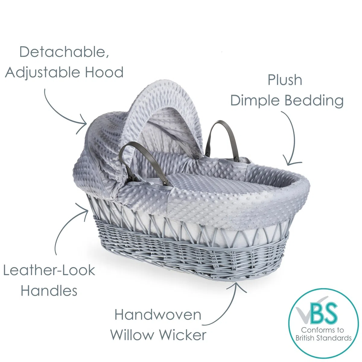 Clair de Lune Moisés de mimbre gris hoyuelo con ropa de cama, 68 x 30 cm (gris)