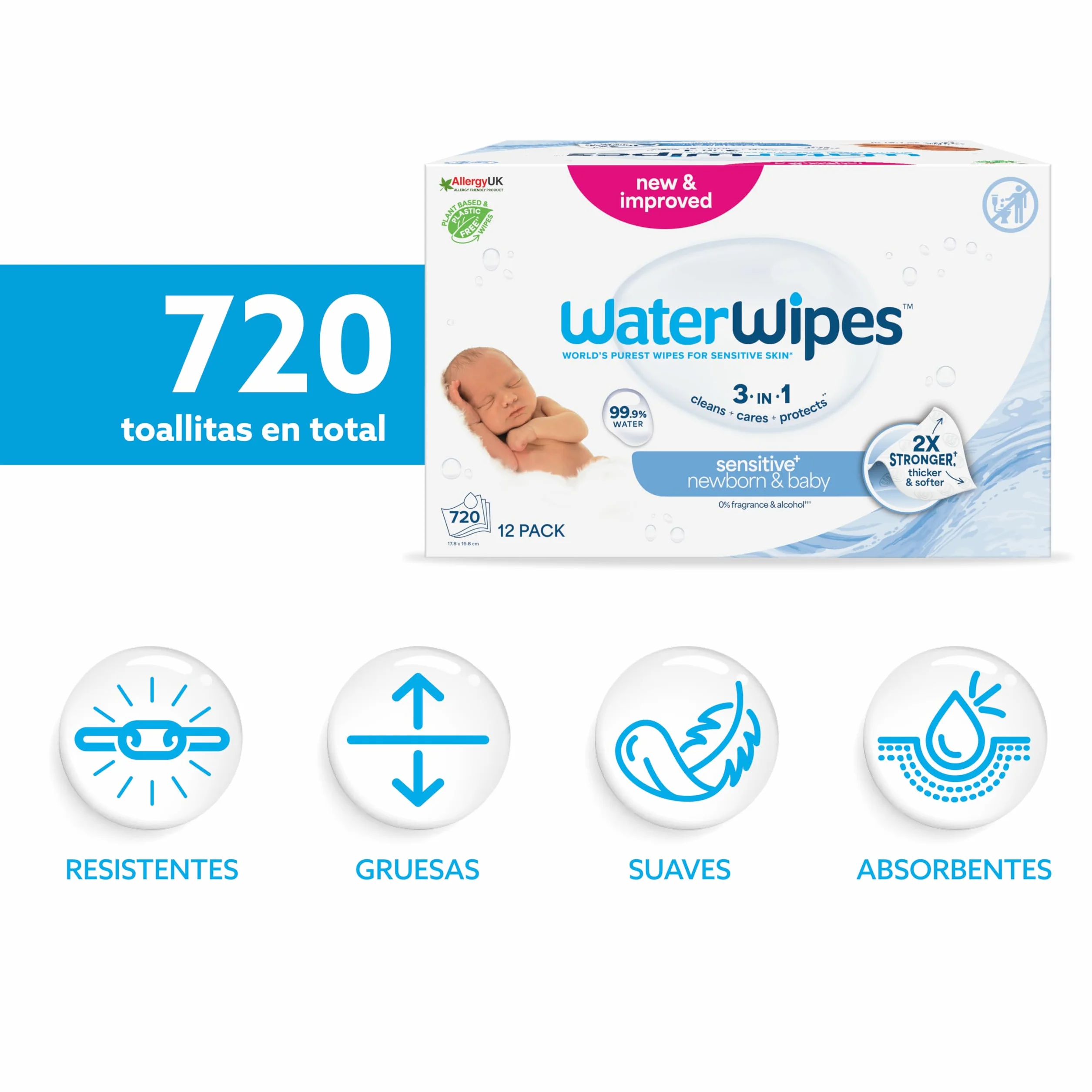 WaterWipes Sensitive+ Newborn & Baby Wipes, 720 Count (12-Pack), 99.9% Water, Fragrance Free
