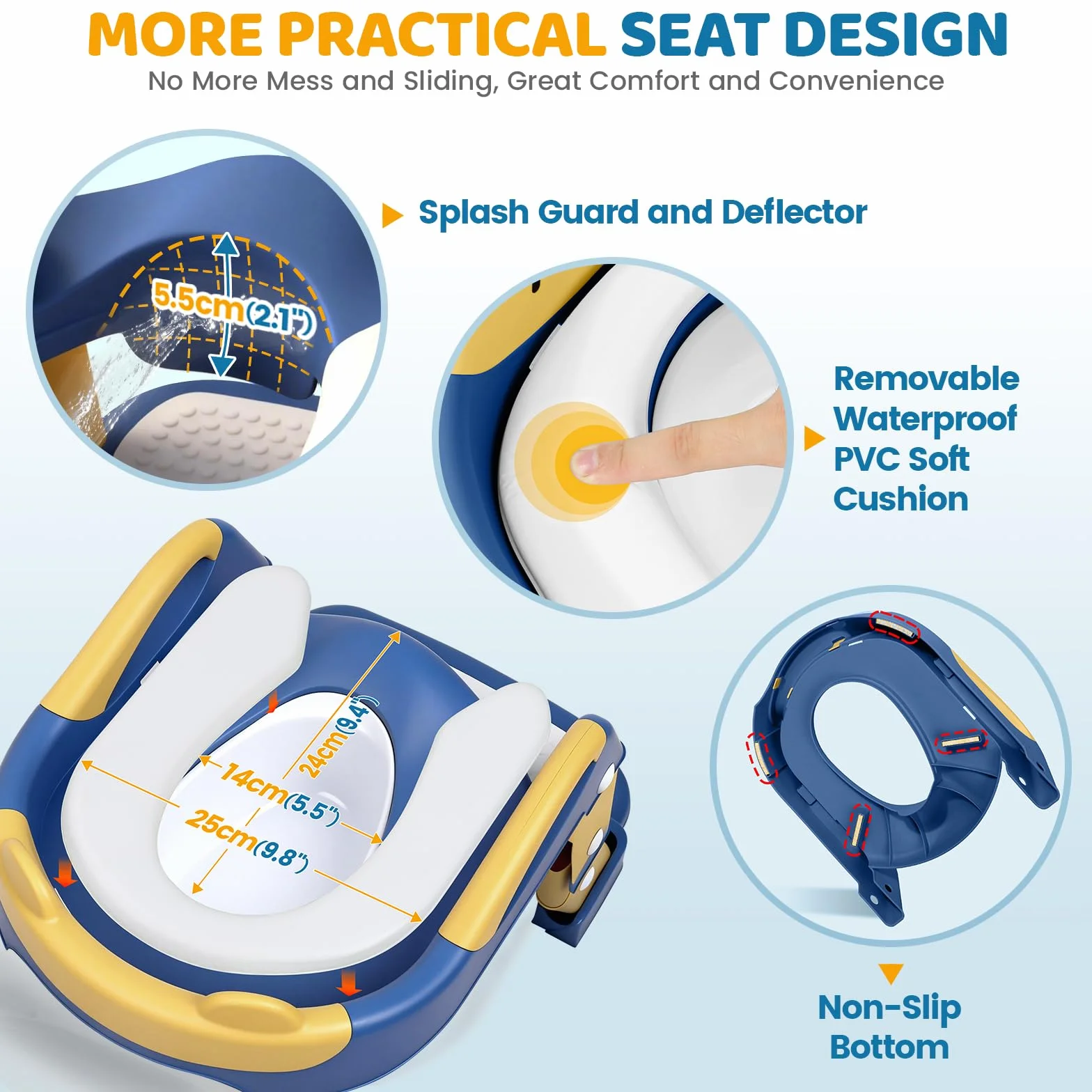 Orzbow Adaptador Wc Niños con Escalera, 2 en 1 Reductor Wc Niños, Orinal Portatil, Altura ajustable, Pedal Extensible y Cojín de PVC, Antideslizante y Ligero, Azul Amarillento