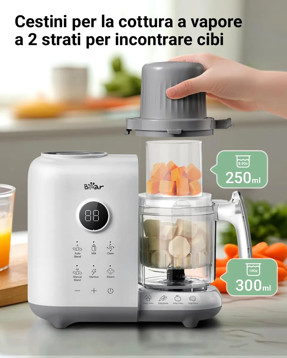 Bear Vaporera 6 en 1 con batidora premium para alimentos para bebés, vapor, agitación automática, calentamiento de leche, desinfección, función de autolimpieza, función de limpieza automática (Blanco)