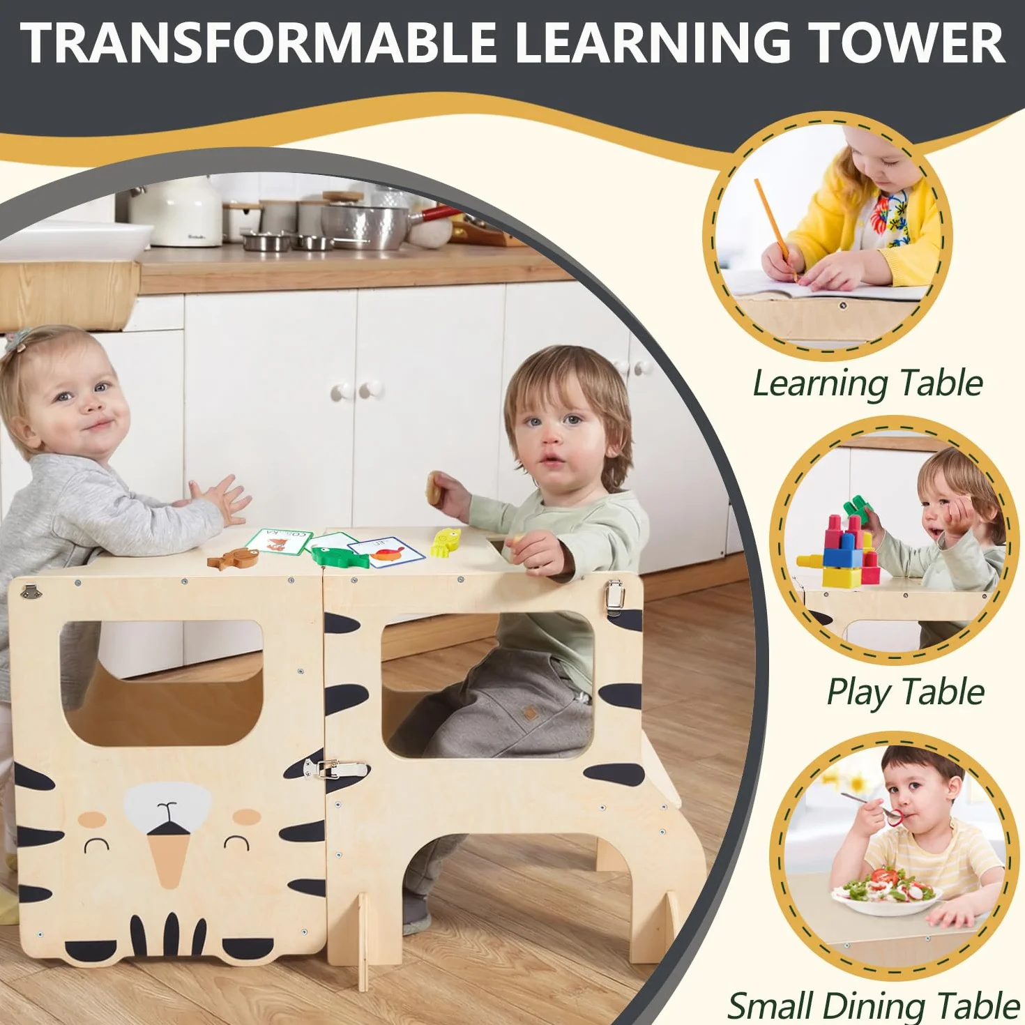 Labebe Torre de Aprendizaje Plegable 2 en 1 para niños con Tablas de Mensajes a Partir de 1 año Tigre