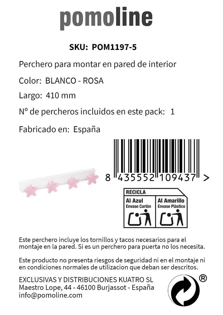 PERCHA Pared habitación BEBÉ Estrellas rosa madera lacada con base plástico resina ABS 410x60MM