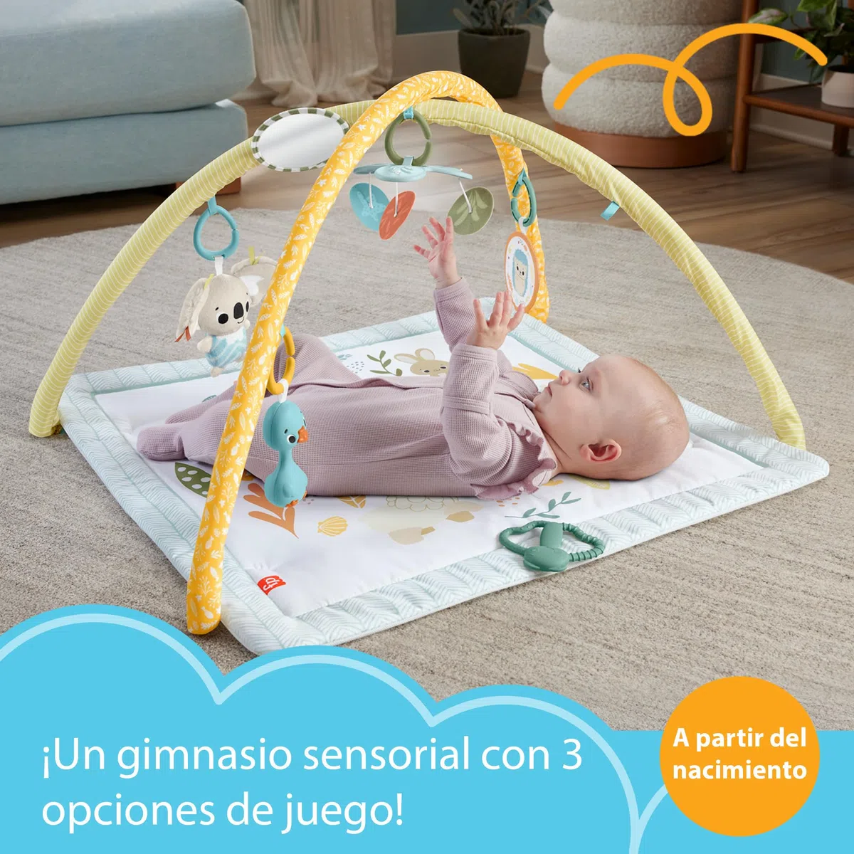Fisher-Price Sensimals Gimnasio Infantil Simply Senses Alfombra de Actividades con Juguetes sensoriales para bebé recién Nacido (Mattel HRB15)